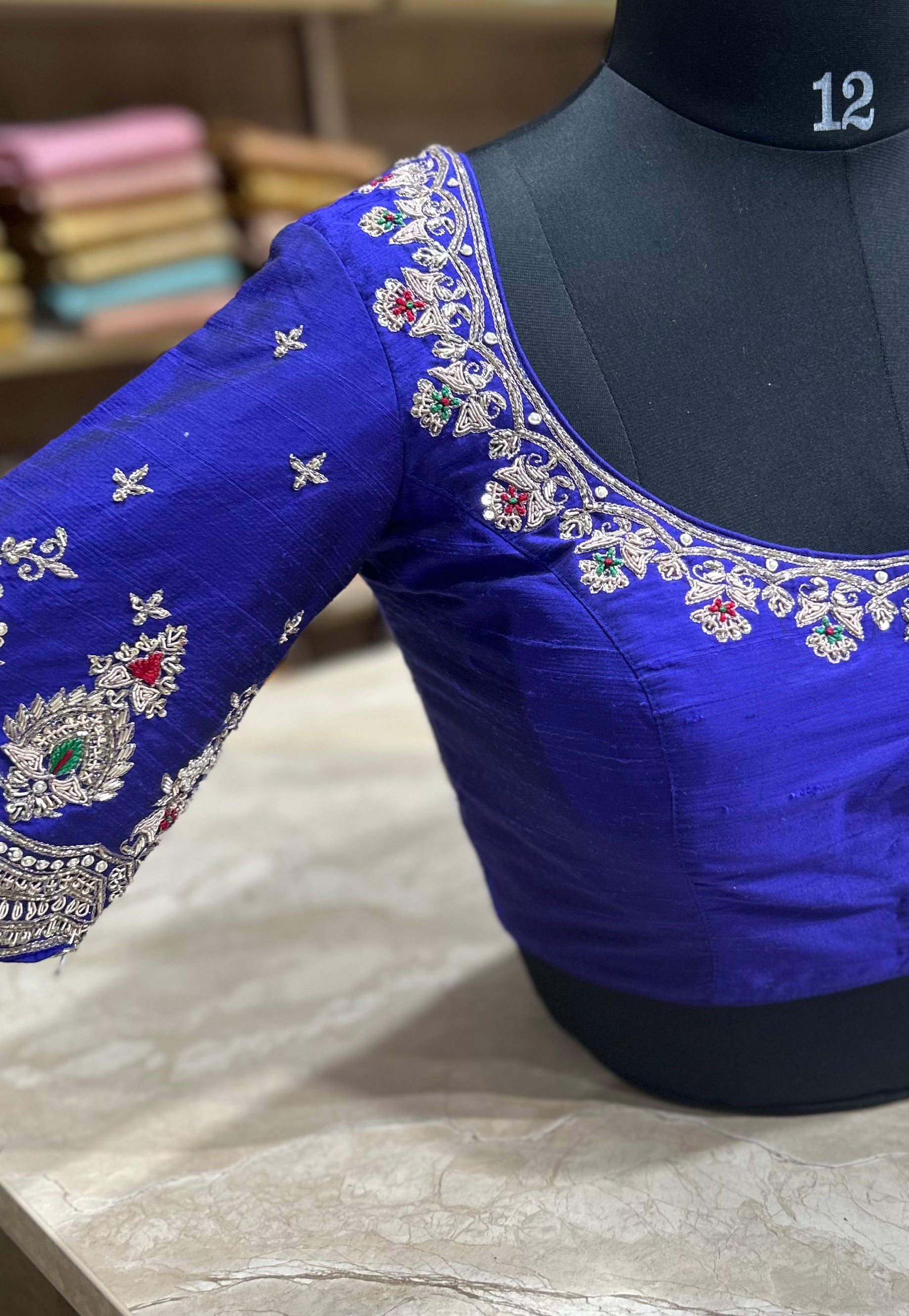 Royal blue scallop handwork blouse