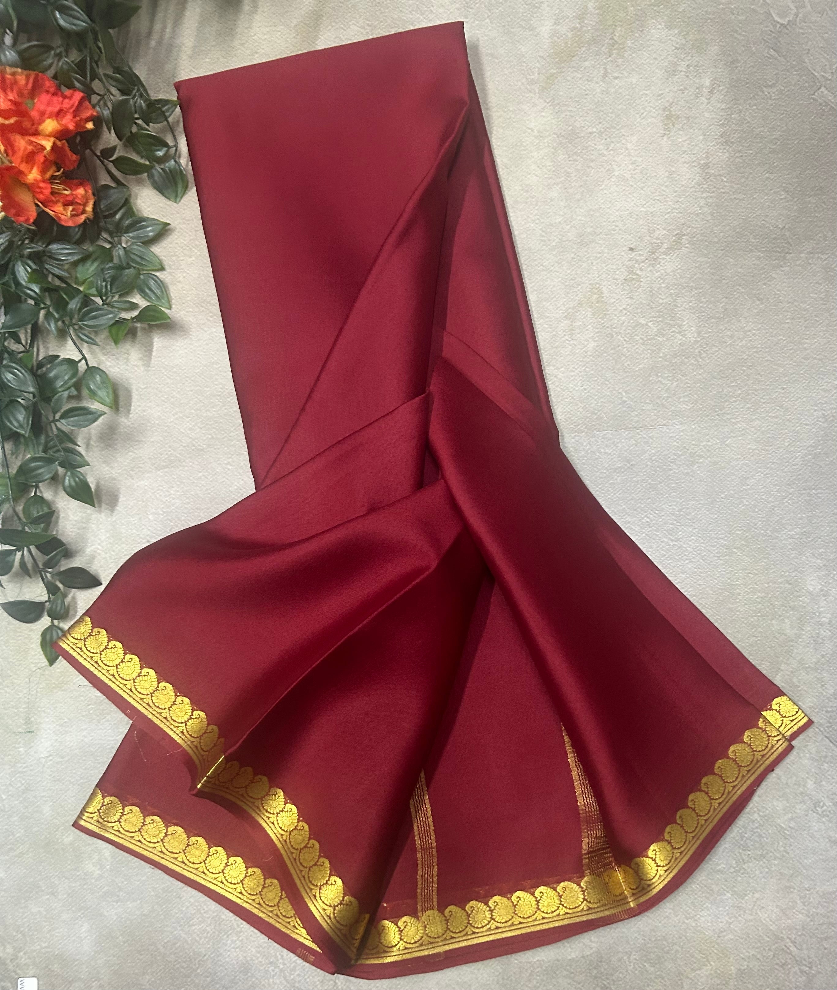 Maroon small border pure Mysore silk saree