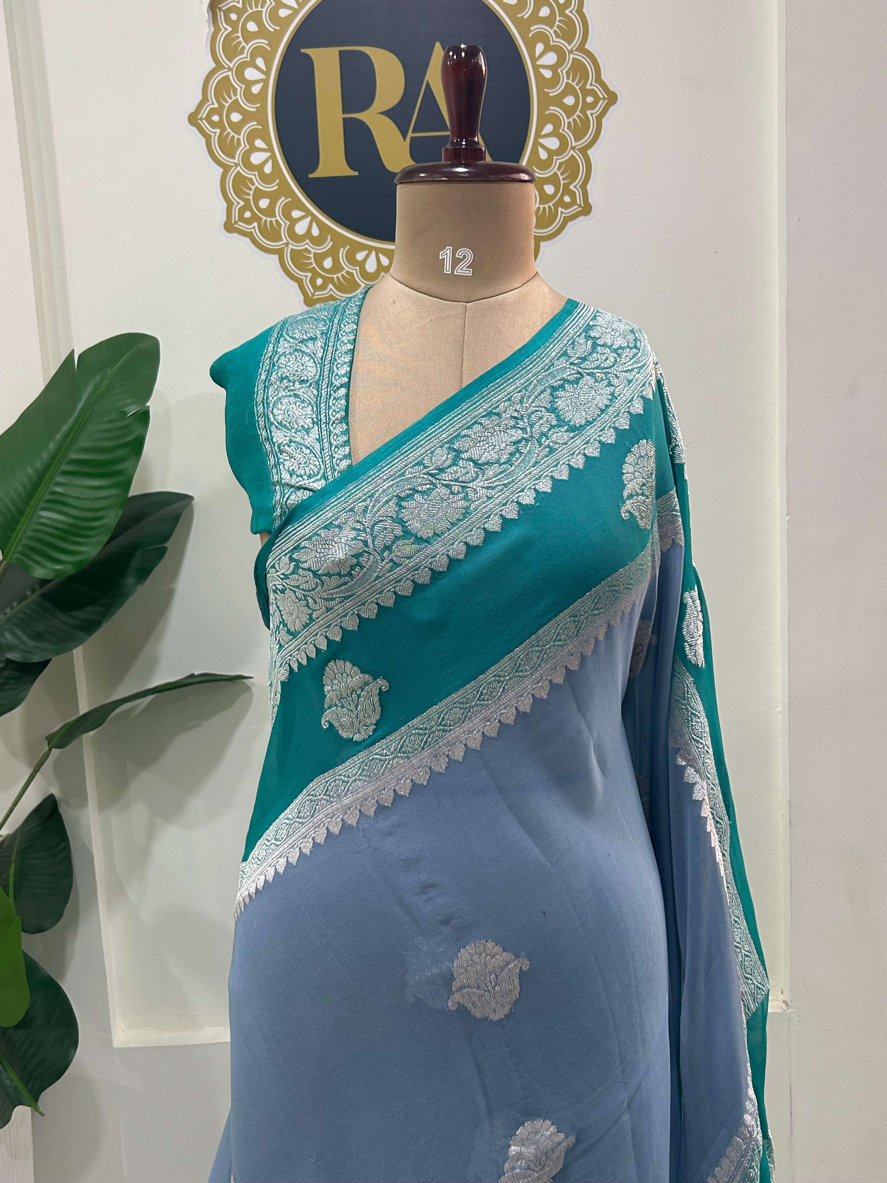 Grey n Rama green benarasi double border pure chiffon saree