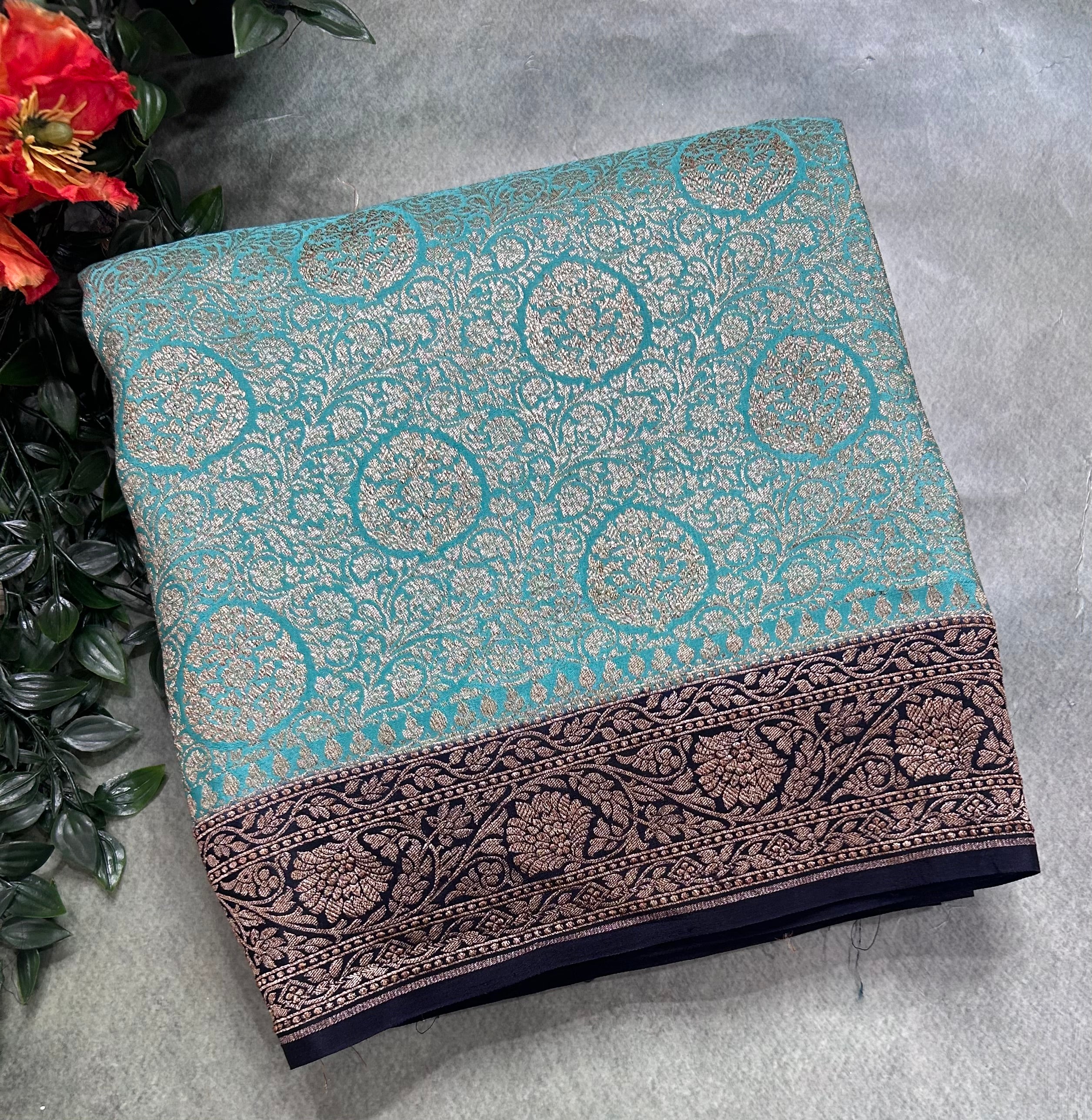 Sea green brocade pure benarasi 106 crepe silk saree (SG105)