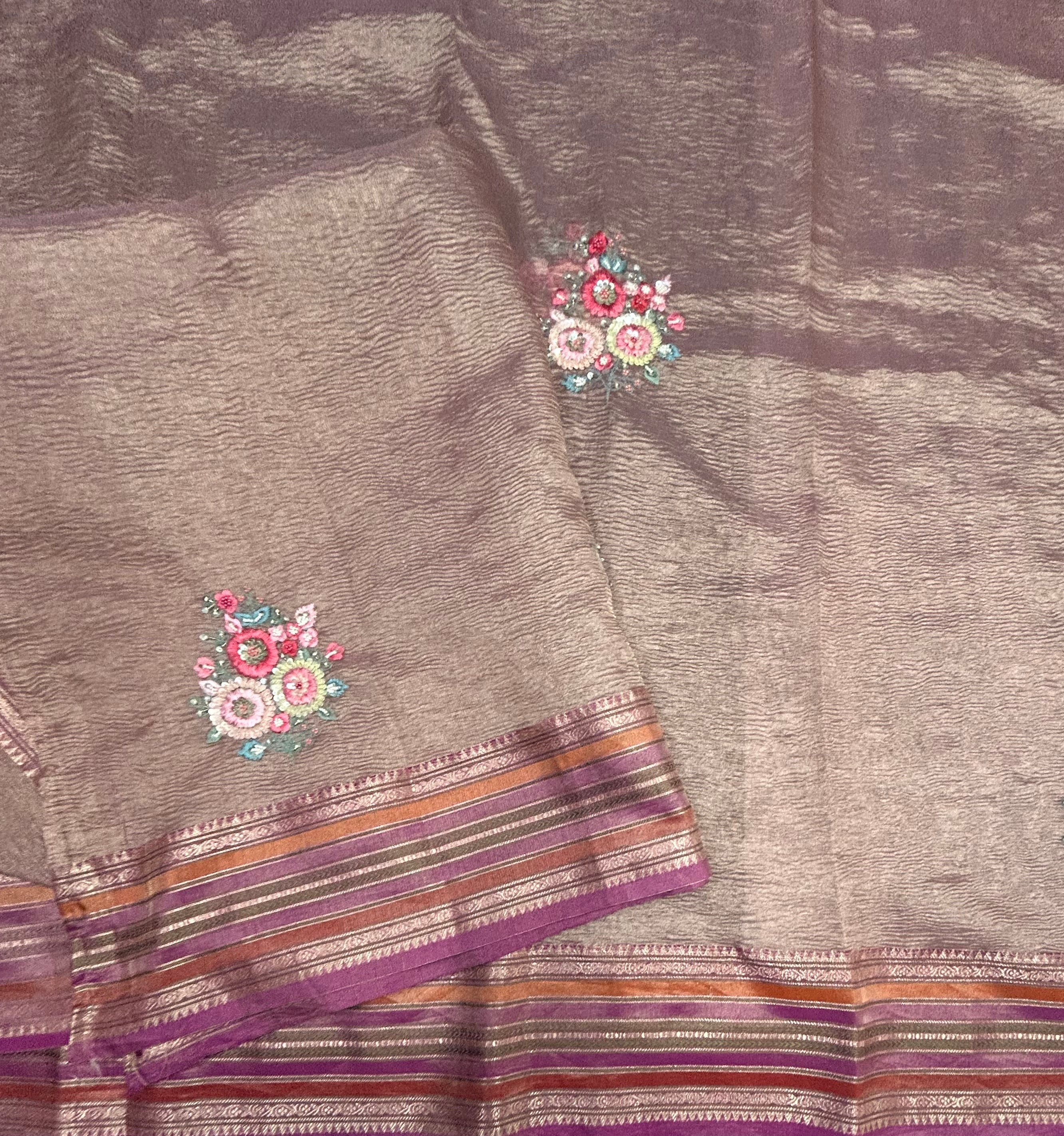 Pink crush tissue embroidery work saree
