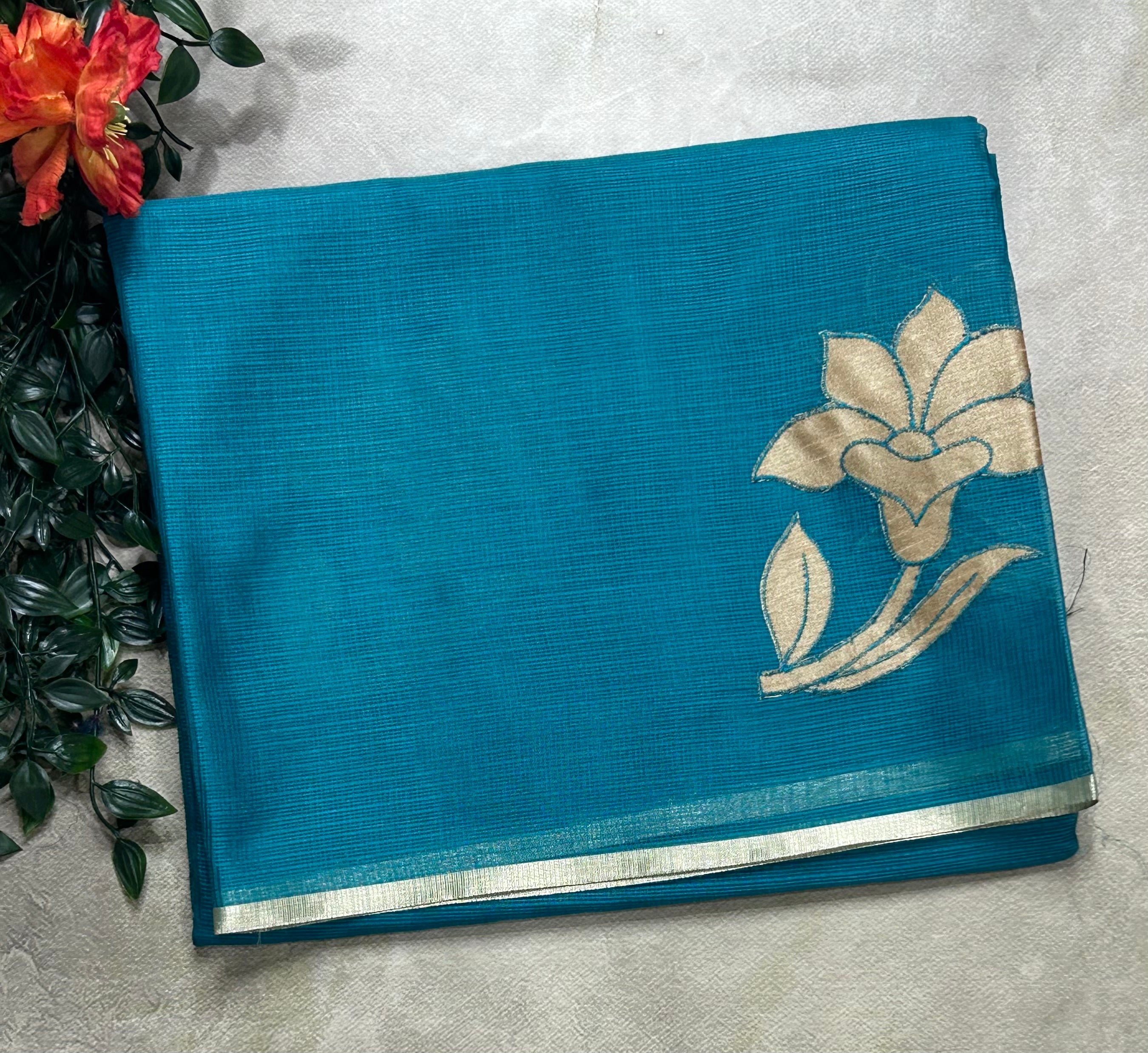 Rama green 2 kota checks appliqué work 106 saree