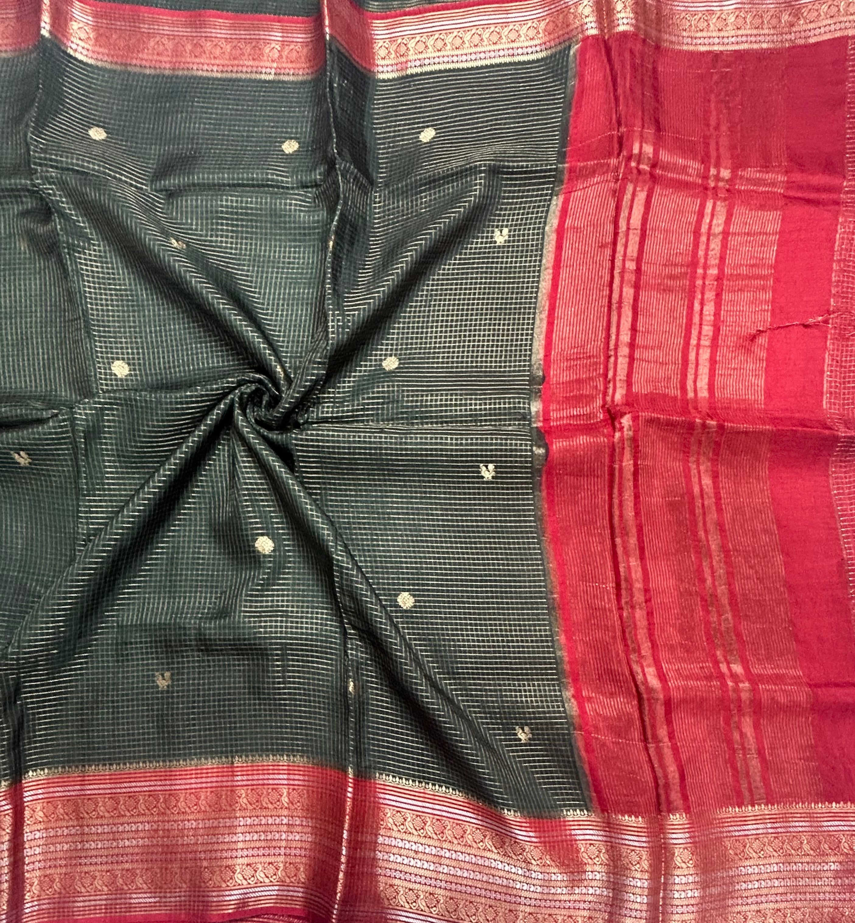 Bottle green small checks contrast semi Mysore crepe 105 saree