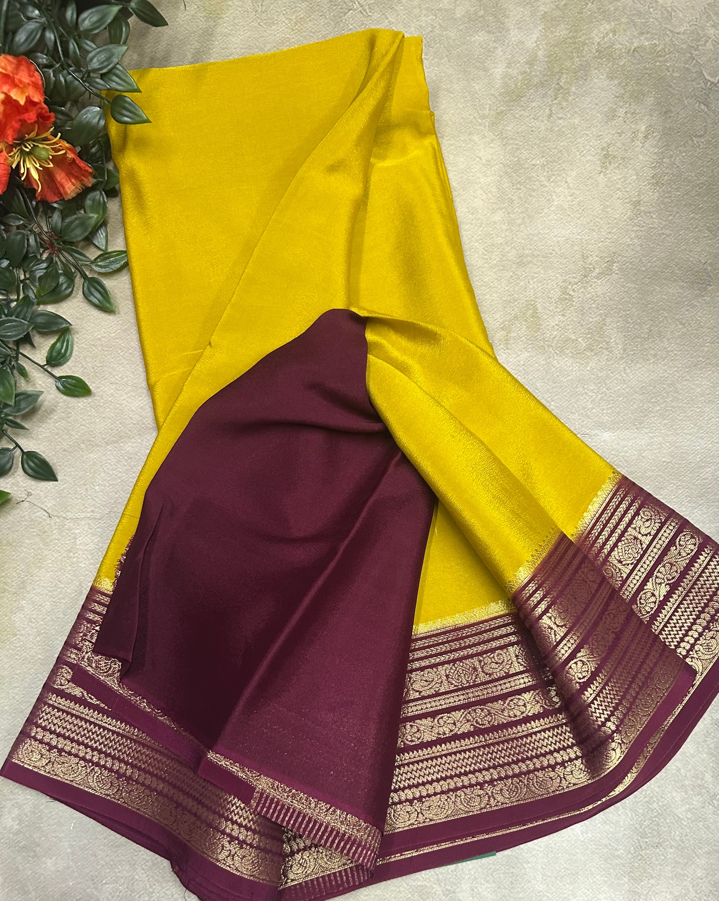 Mustard yellow n wine plain semi Mysore crepe silk 105 saree