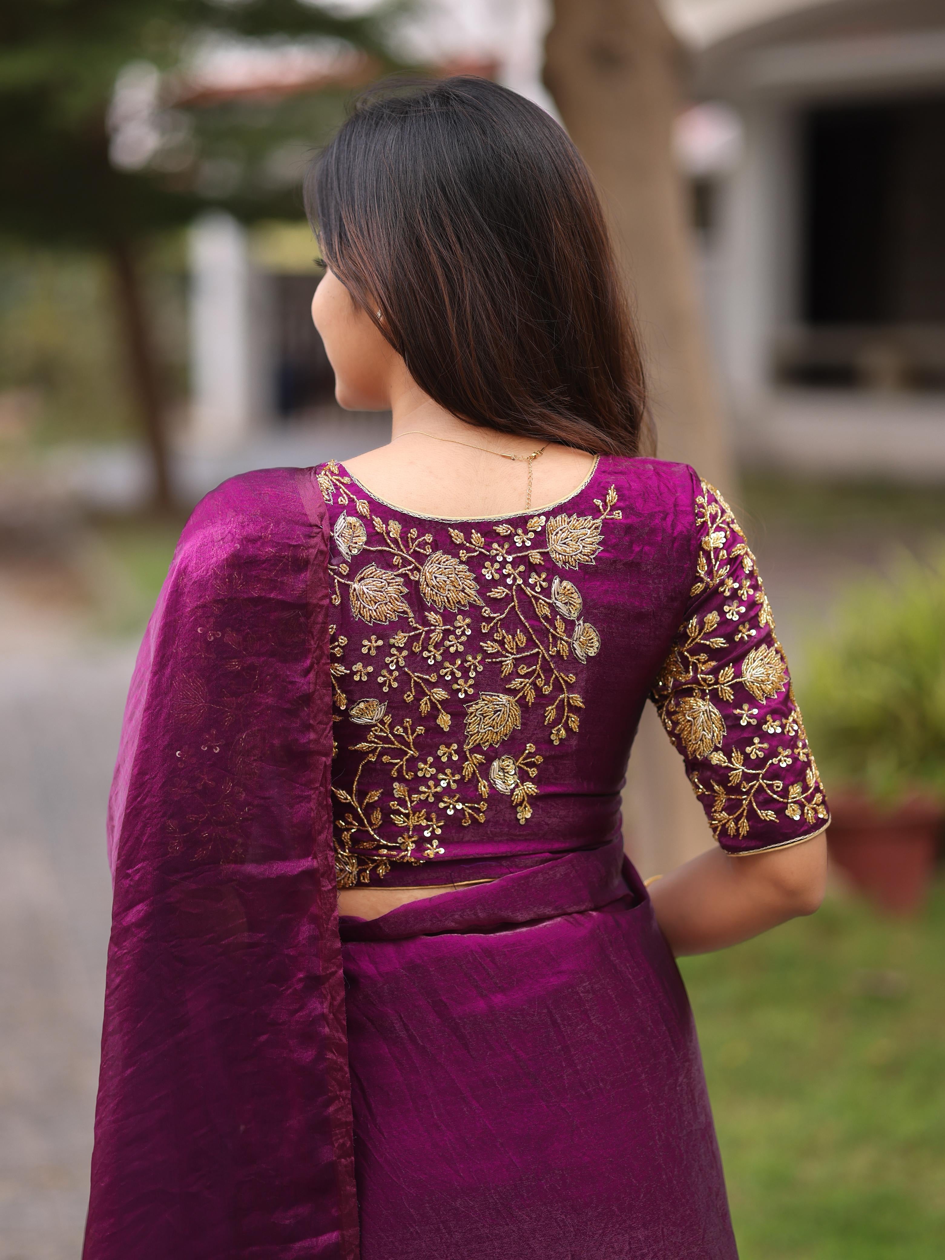 Shiny purple party wear with heavy work blouse saree