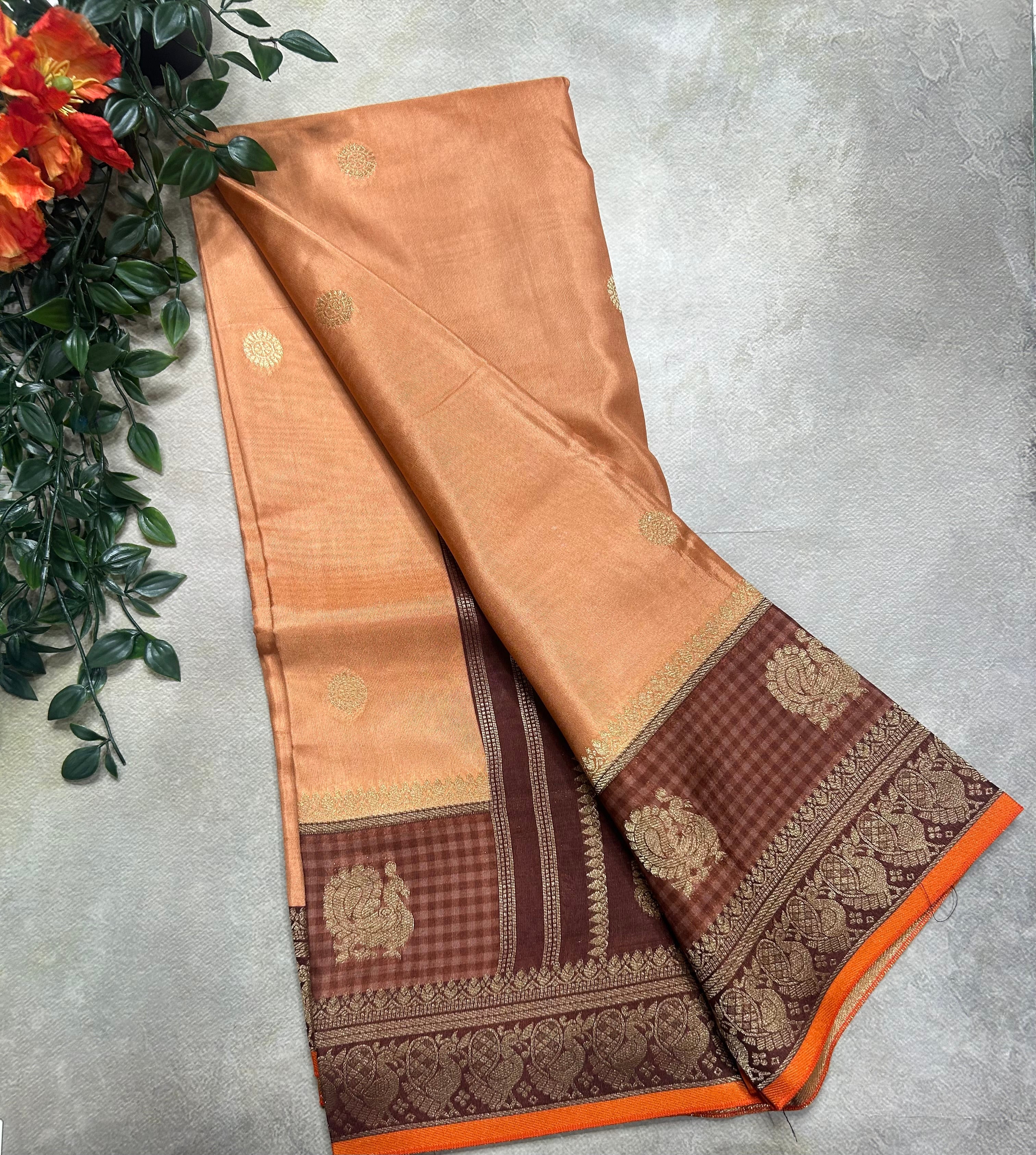 Light brown border Butta semi Mysore crepe saree