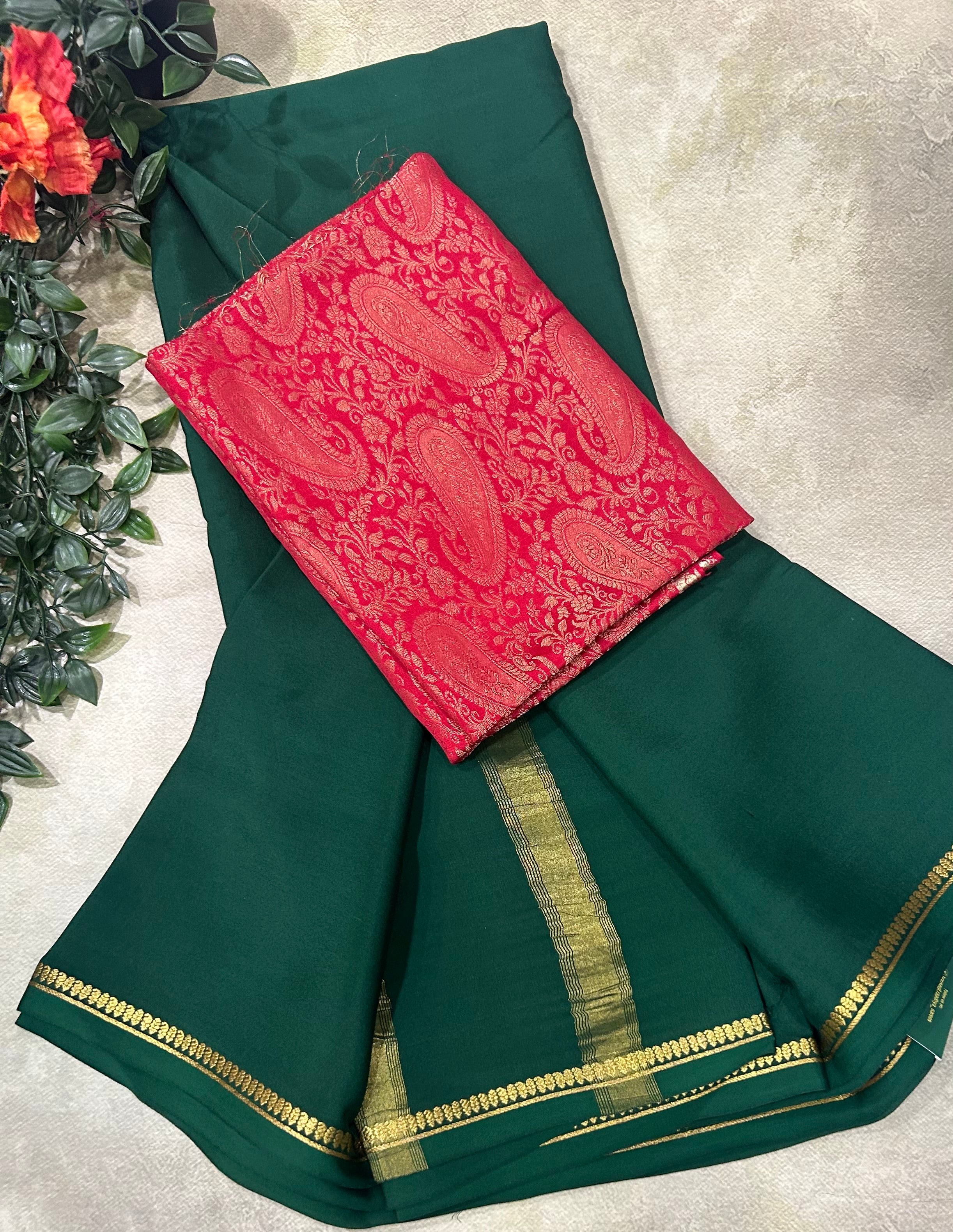 Bottle green plain pure mysore crepe silk saree with Mysore brocade blouse piece(MSM106)