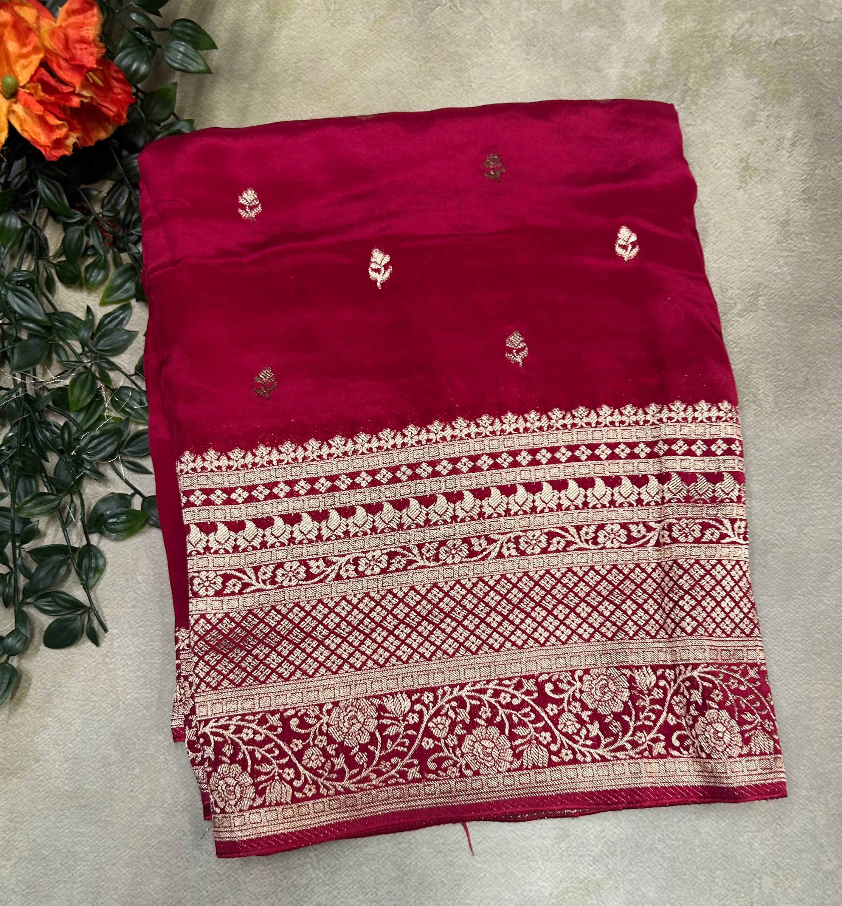 Maroon Long border Semi satin Silk Saree