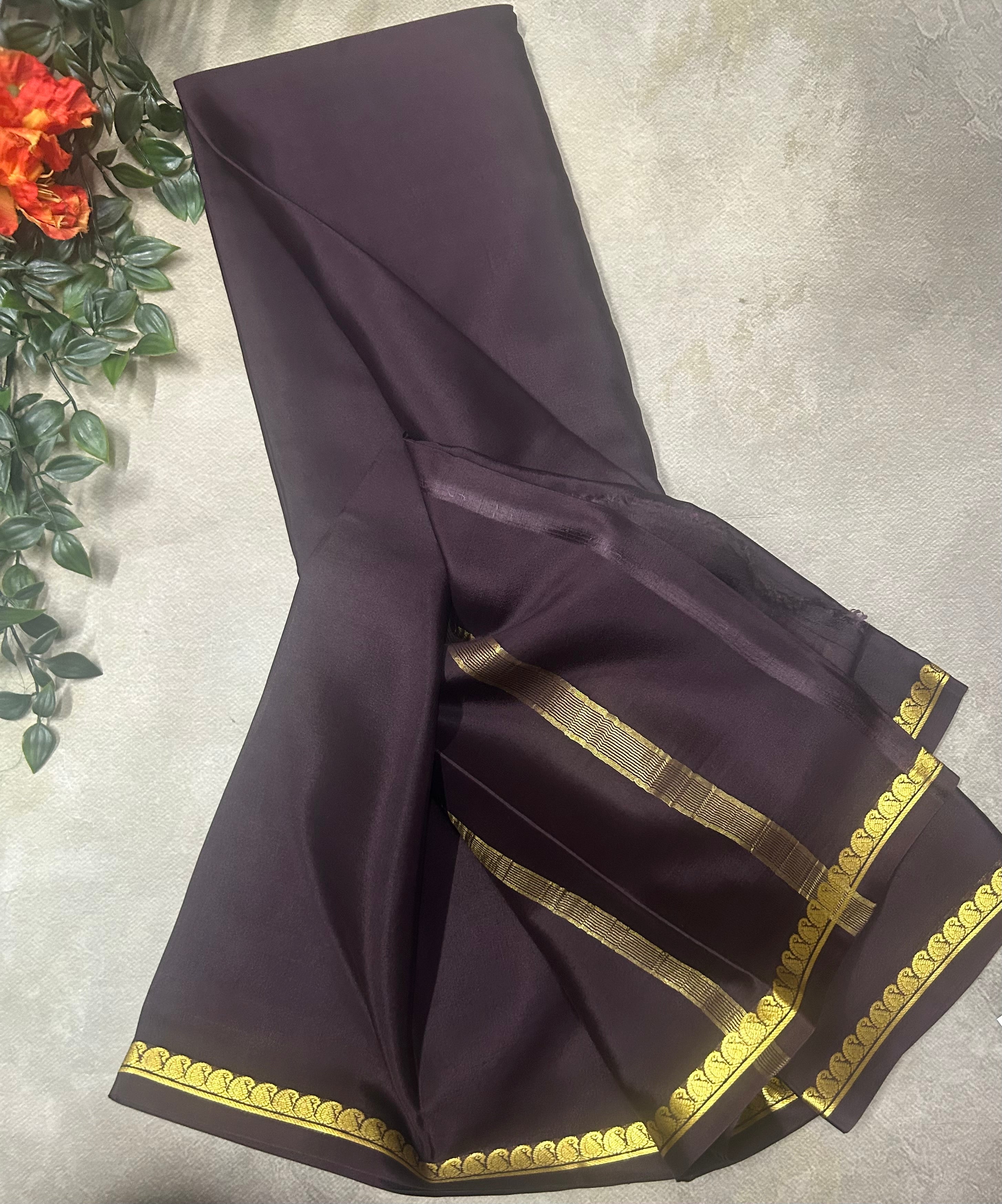 Dark brown small border pure Mysore silk saree