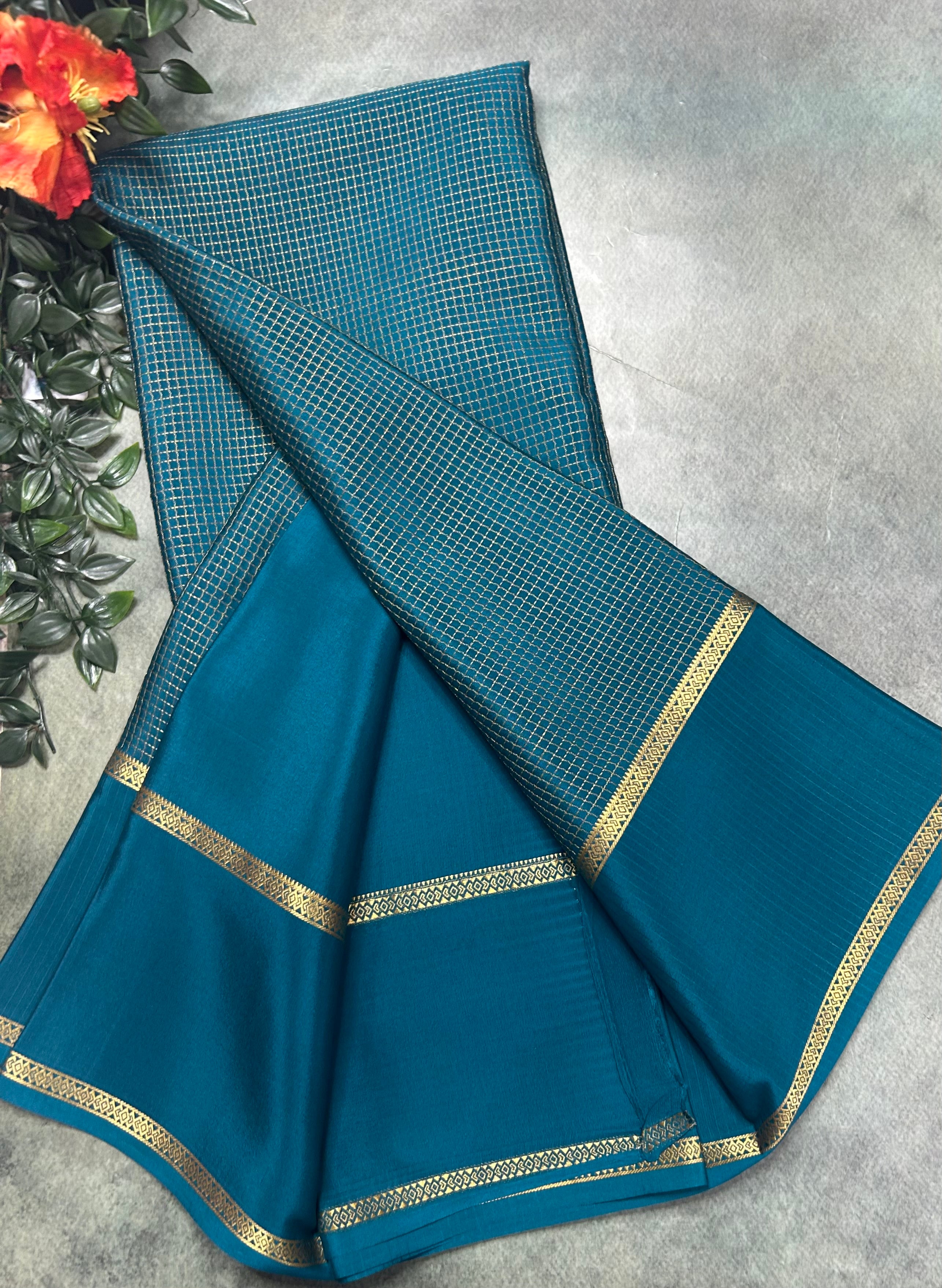 Rama green small checks n bentex border pure Mysore silk saree SMC105