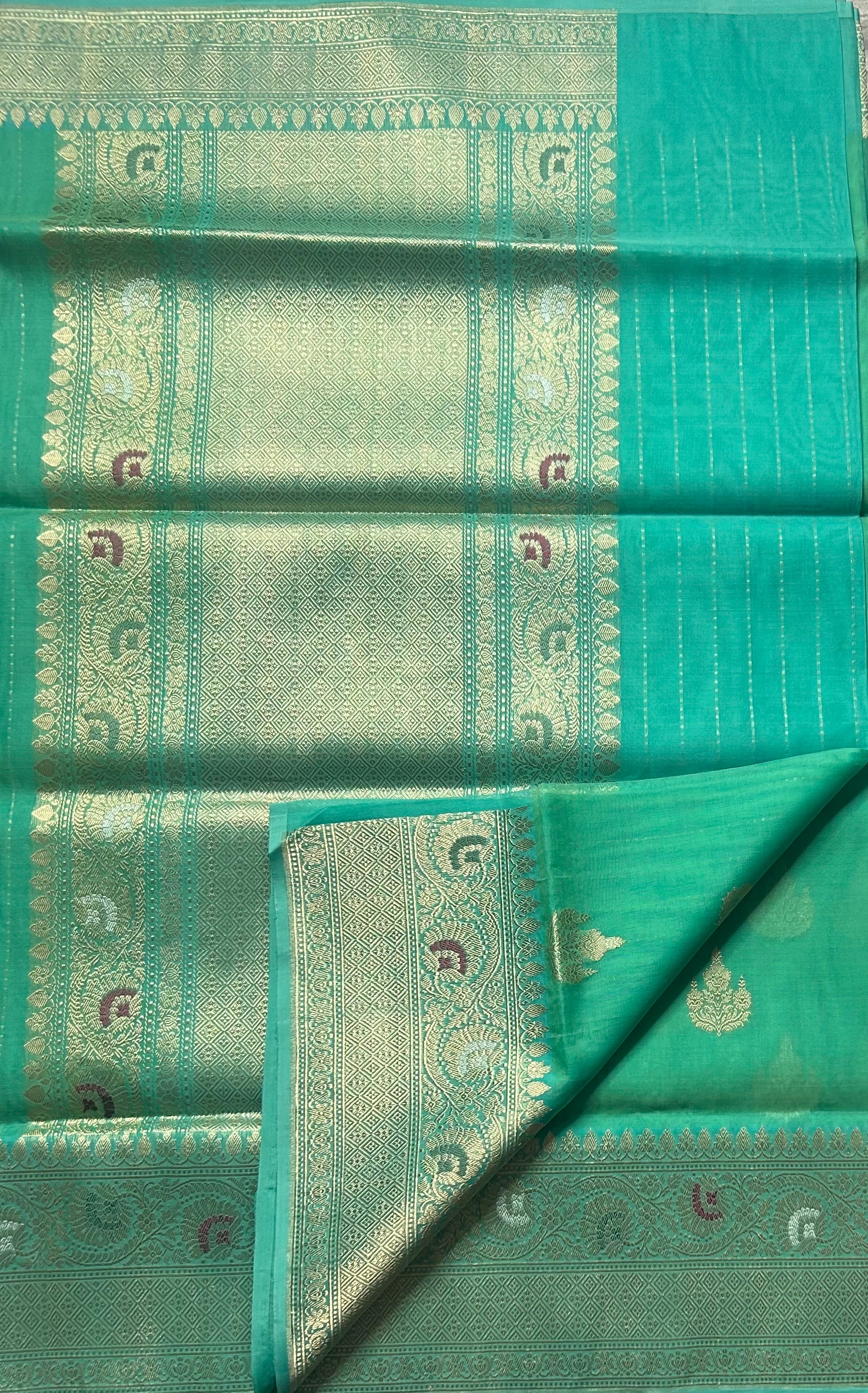 Aqua green pure kora organza handloom  saree