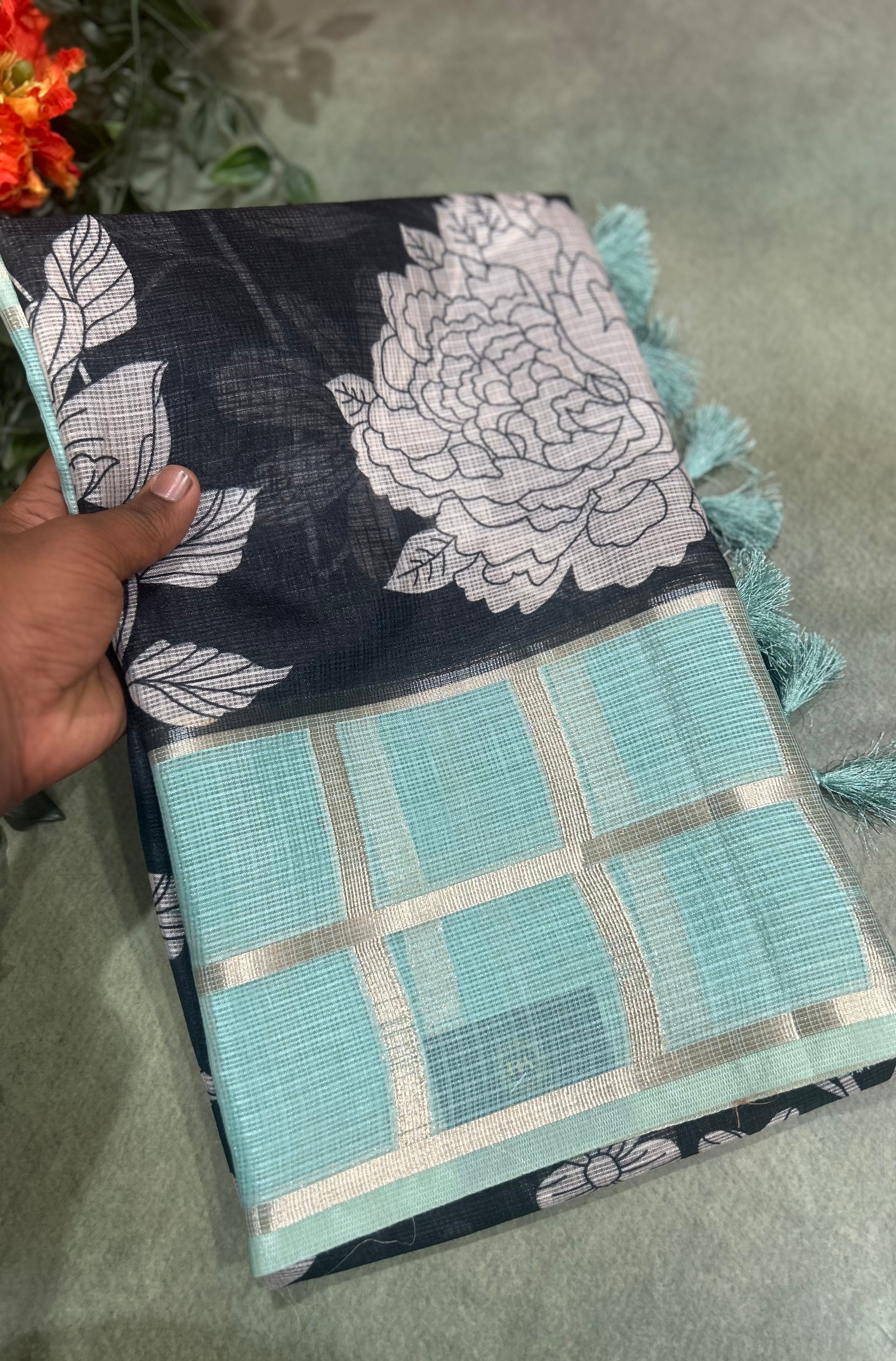 Black n aqua green Kota checks 103 saree