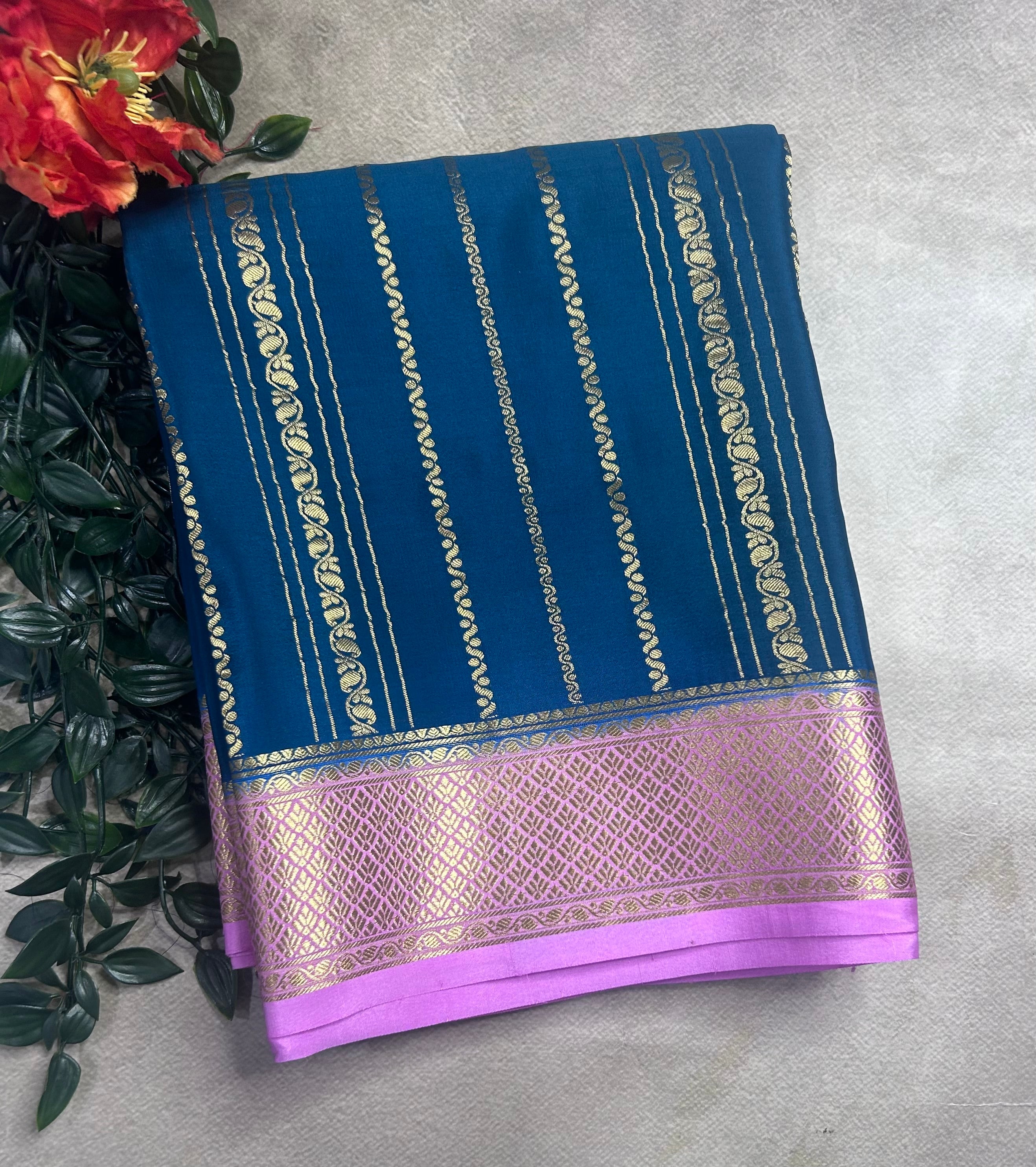 Peacock blue stripes pure mysore crepe silk saree (SMS106)