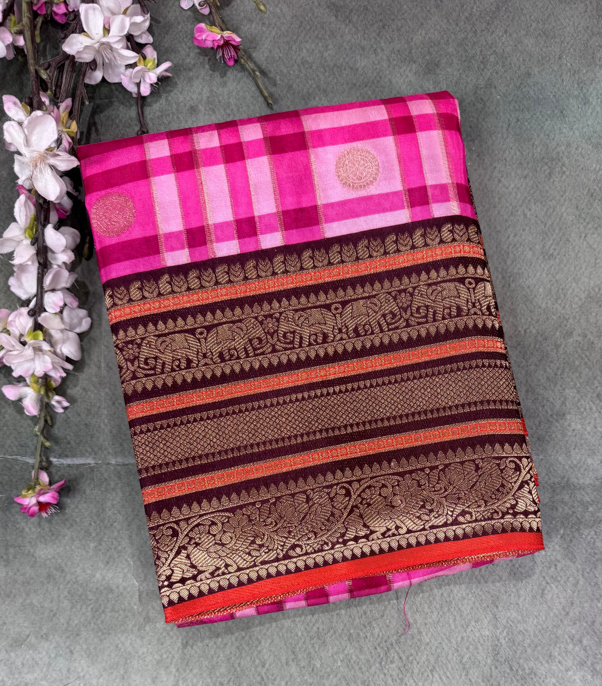 Pink Checks Semi Crepe Saree 110