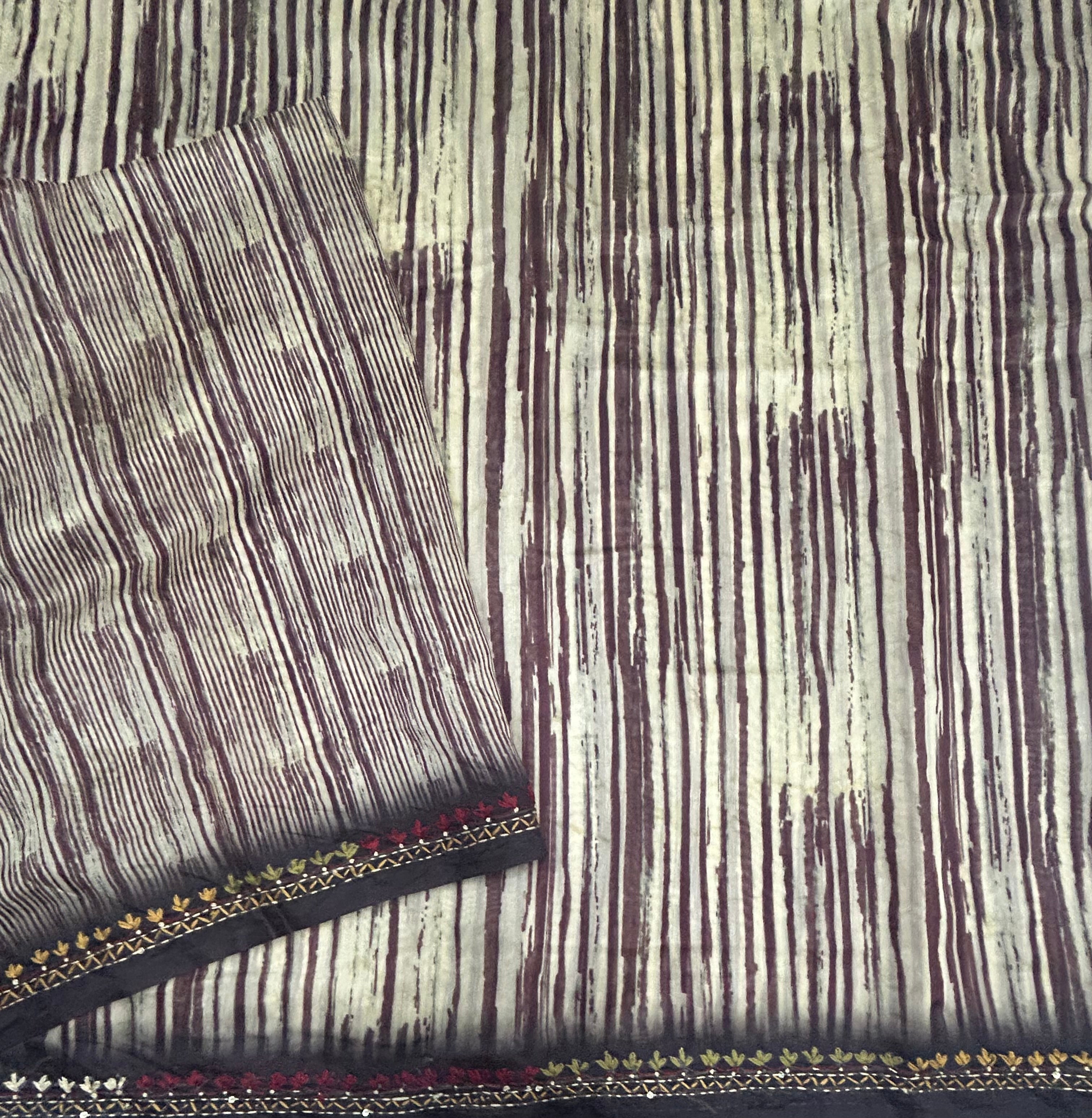 Cream stripes kalamkari pallu embroidery border semi Tussar saree