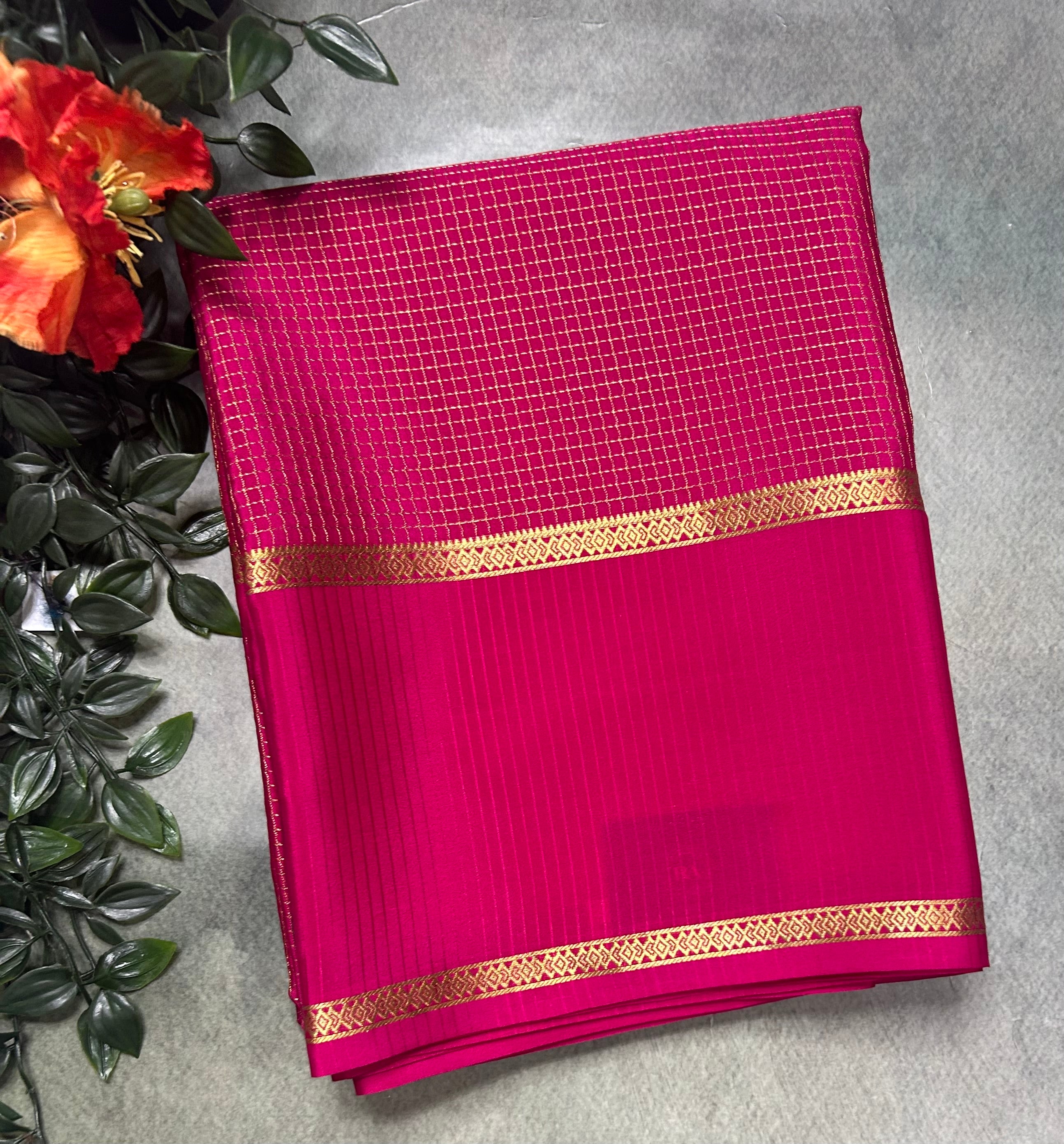 Rani pink small checks n bentex border pure Mysore silk 105 saree