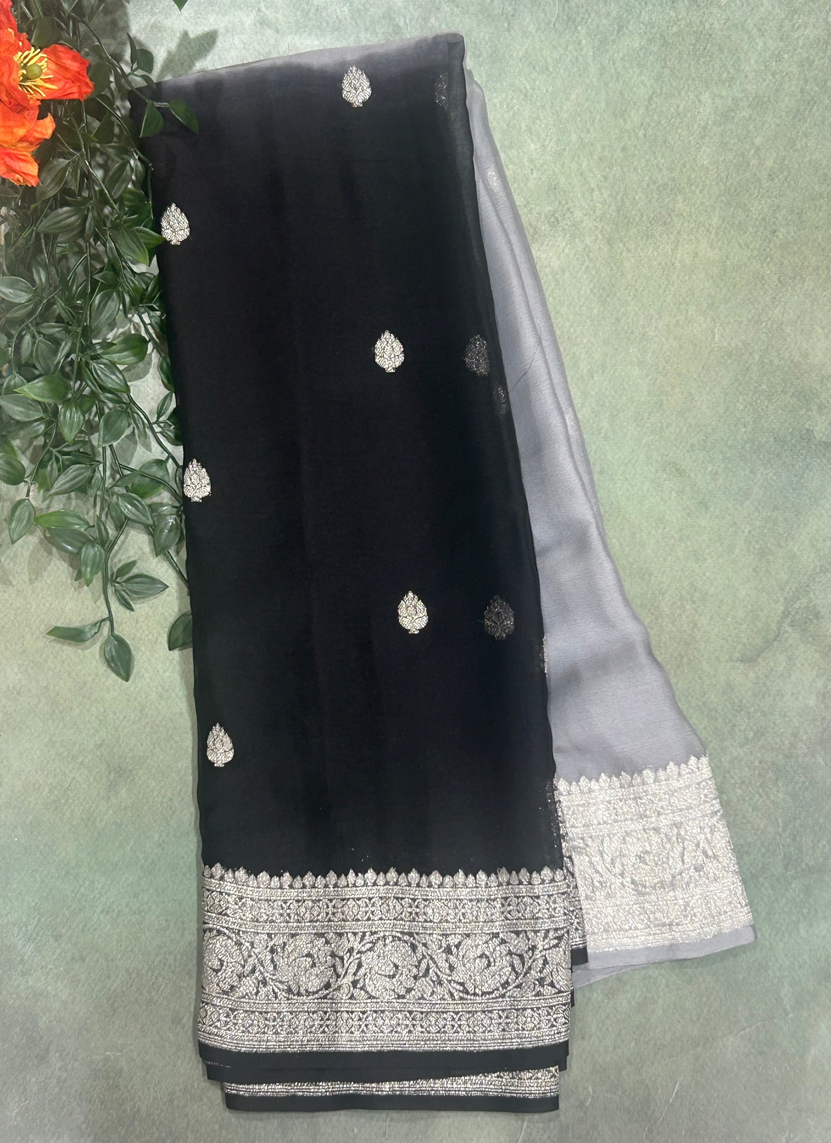 2d black n grey small butta pure chiffon 104 saree