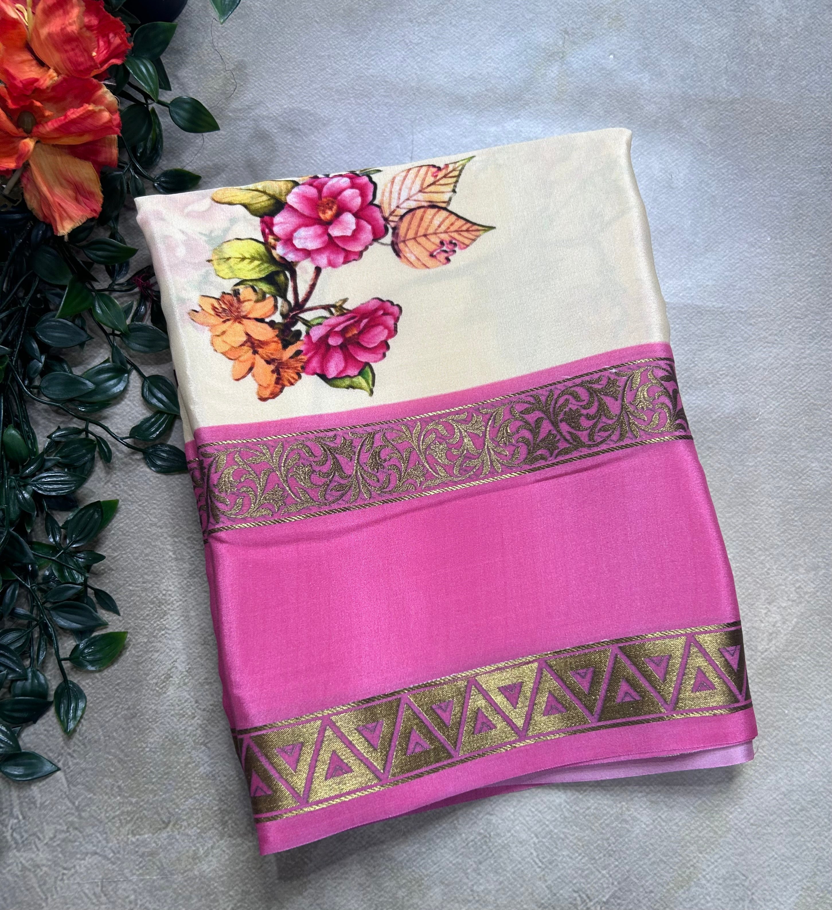 Cream digital print pure mysore silk saree(DMS106)