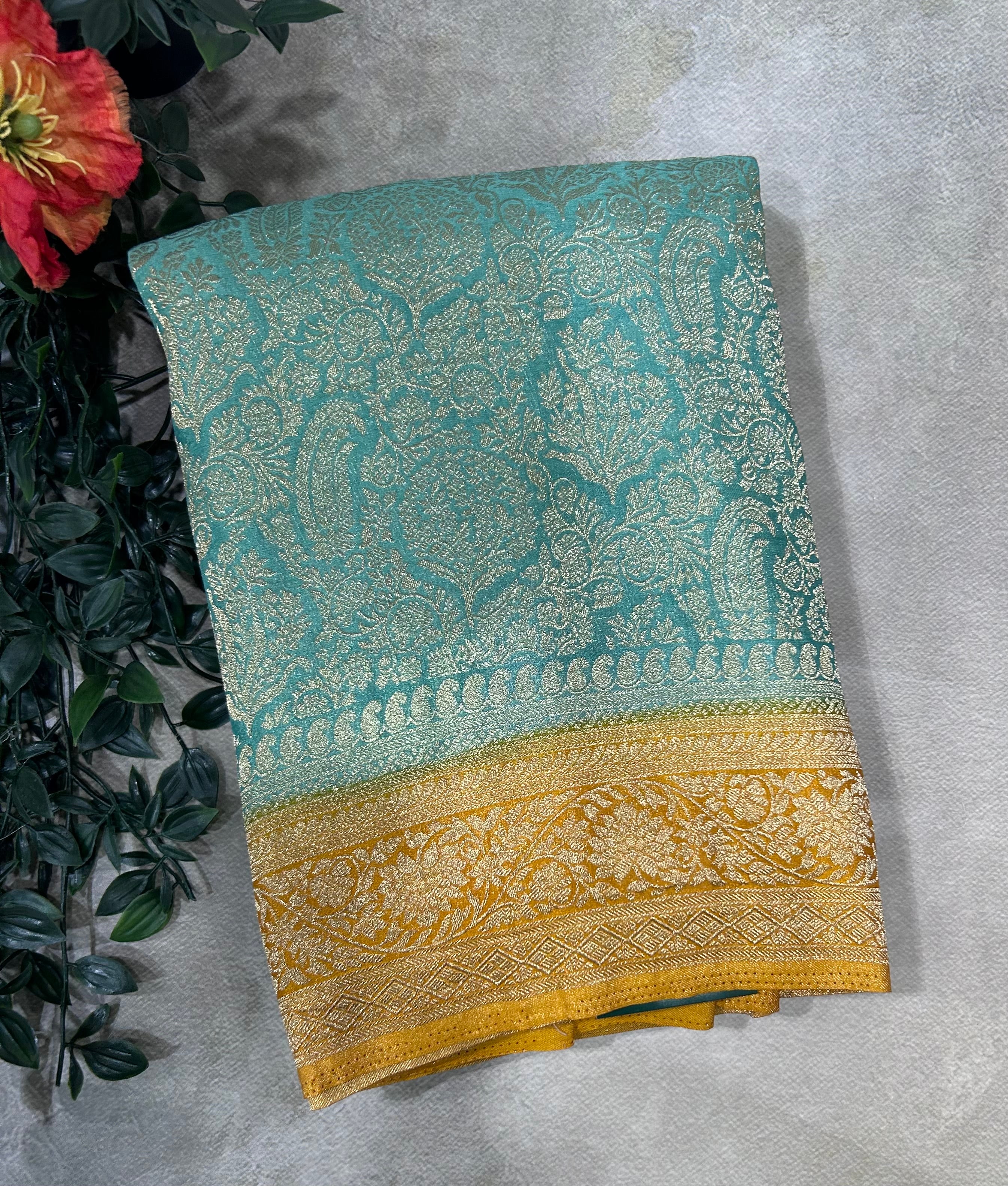 Sea green brocade semi georgette 105 saree