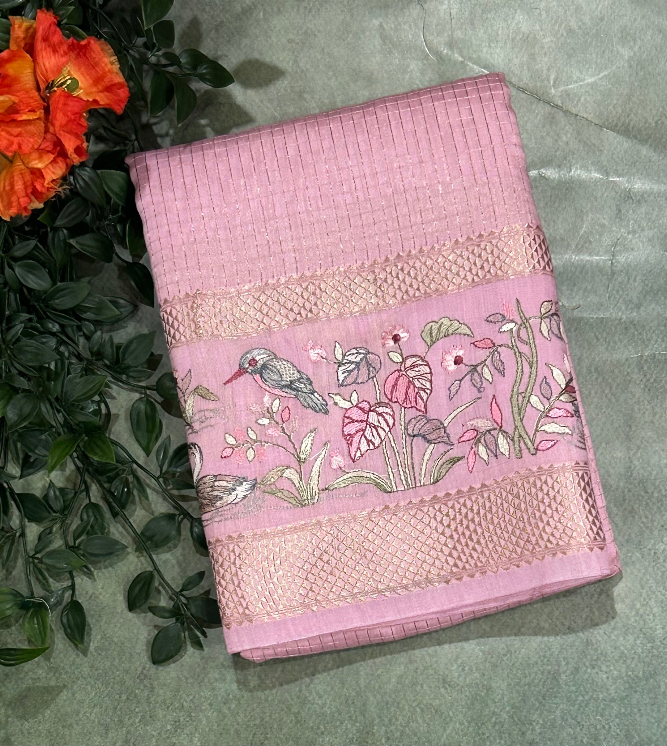 Pastel pink-2 checks embrodiery butta border soft tussar crepe 104 saree