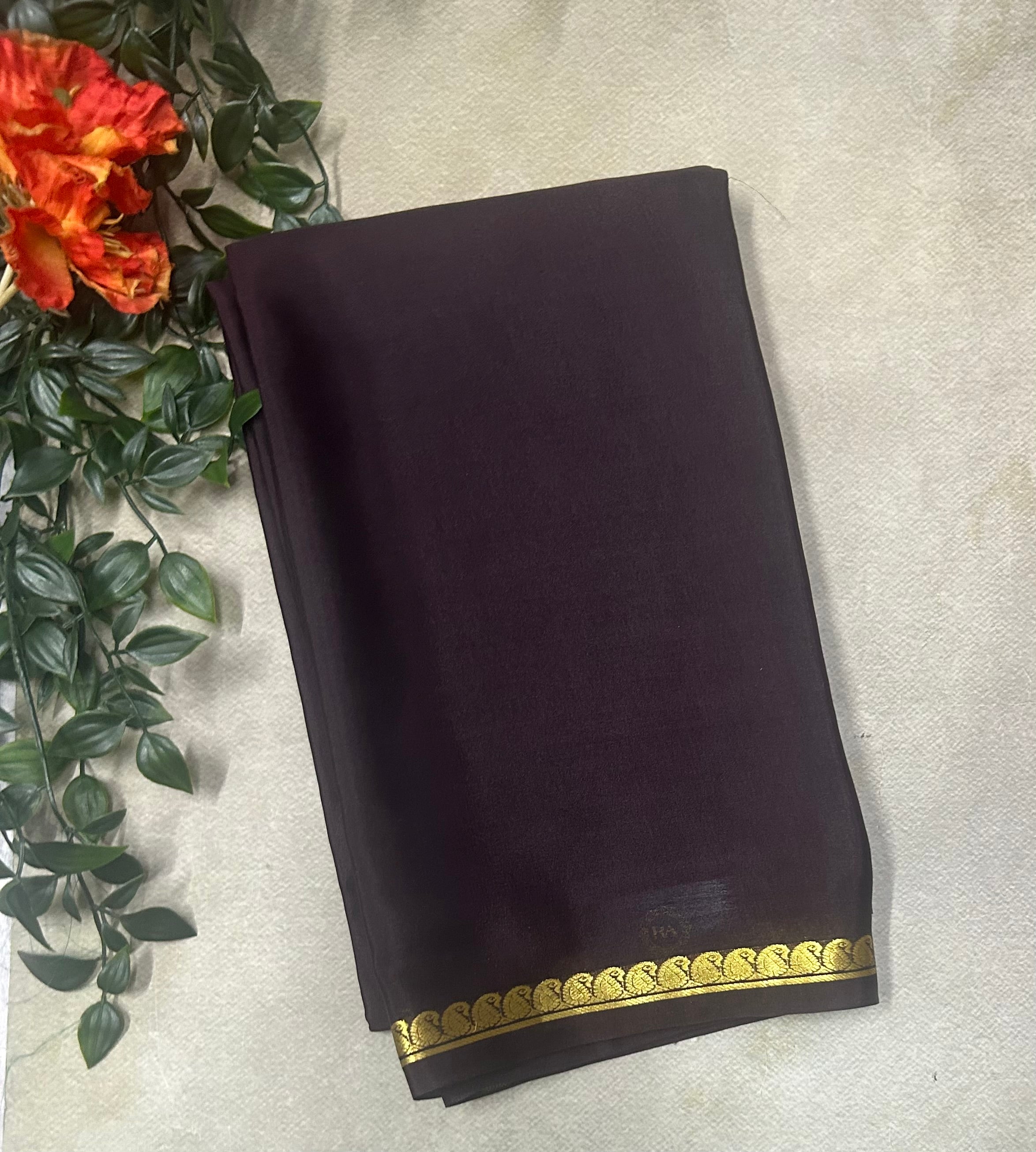 Dark brown small border pure Mysore silk saree