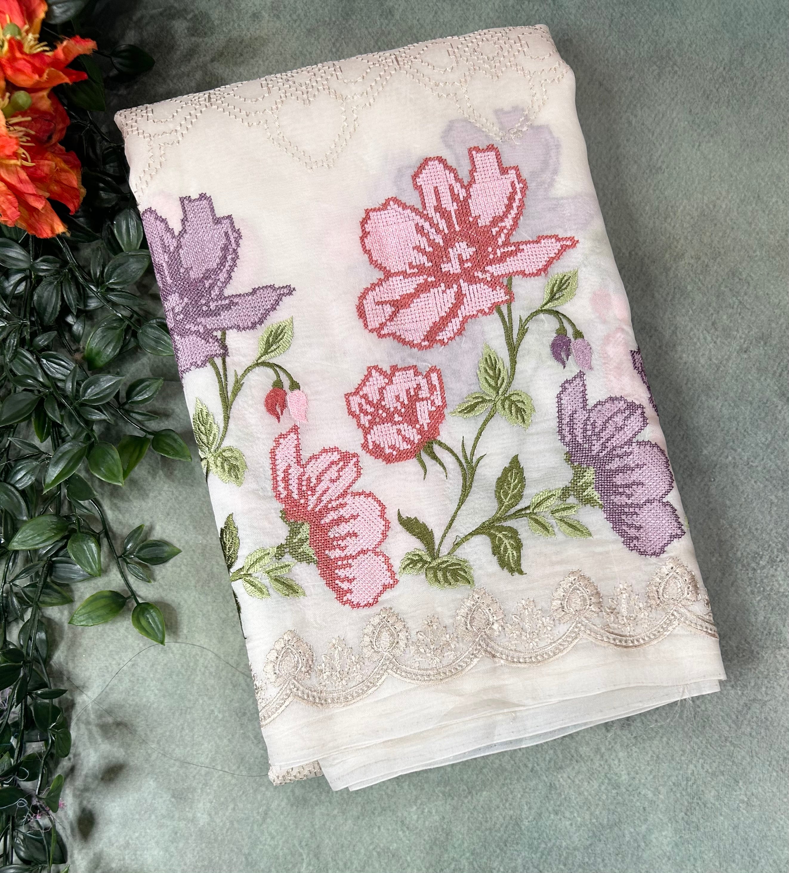 White pure organza 101 floral embroidery saree