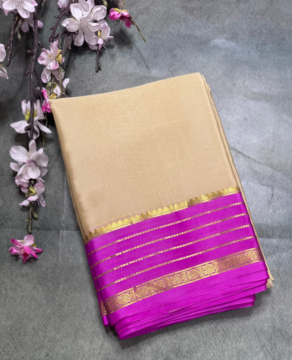 Cream stripes border pure Mysore silk saree