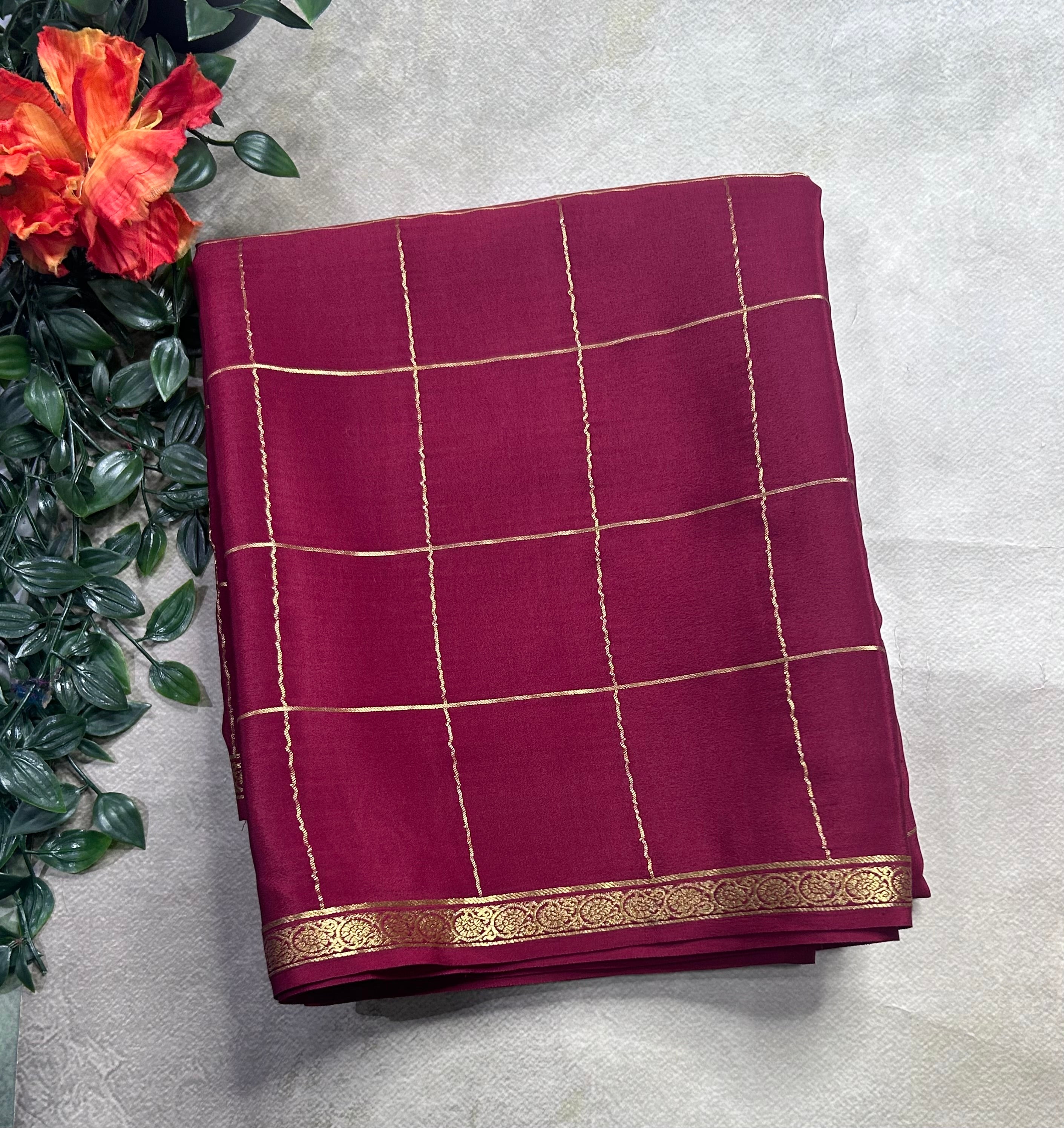 Dark maroon big checks pure Mysore silk 106 saree