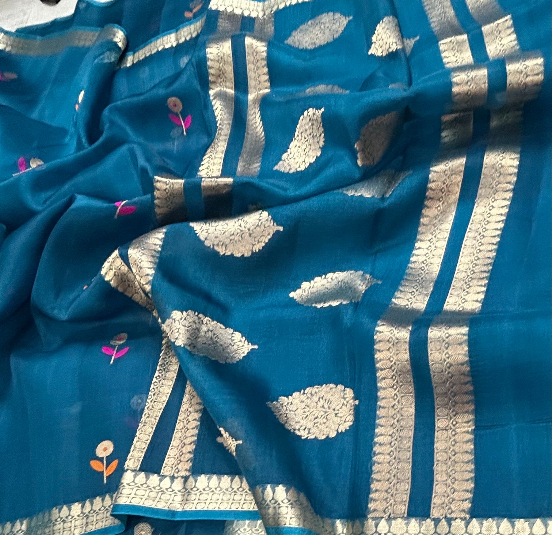 Peacock blue pure kora 105 organza silk saree