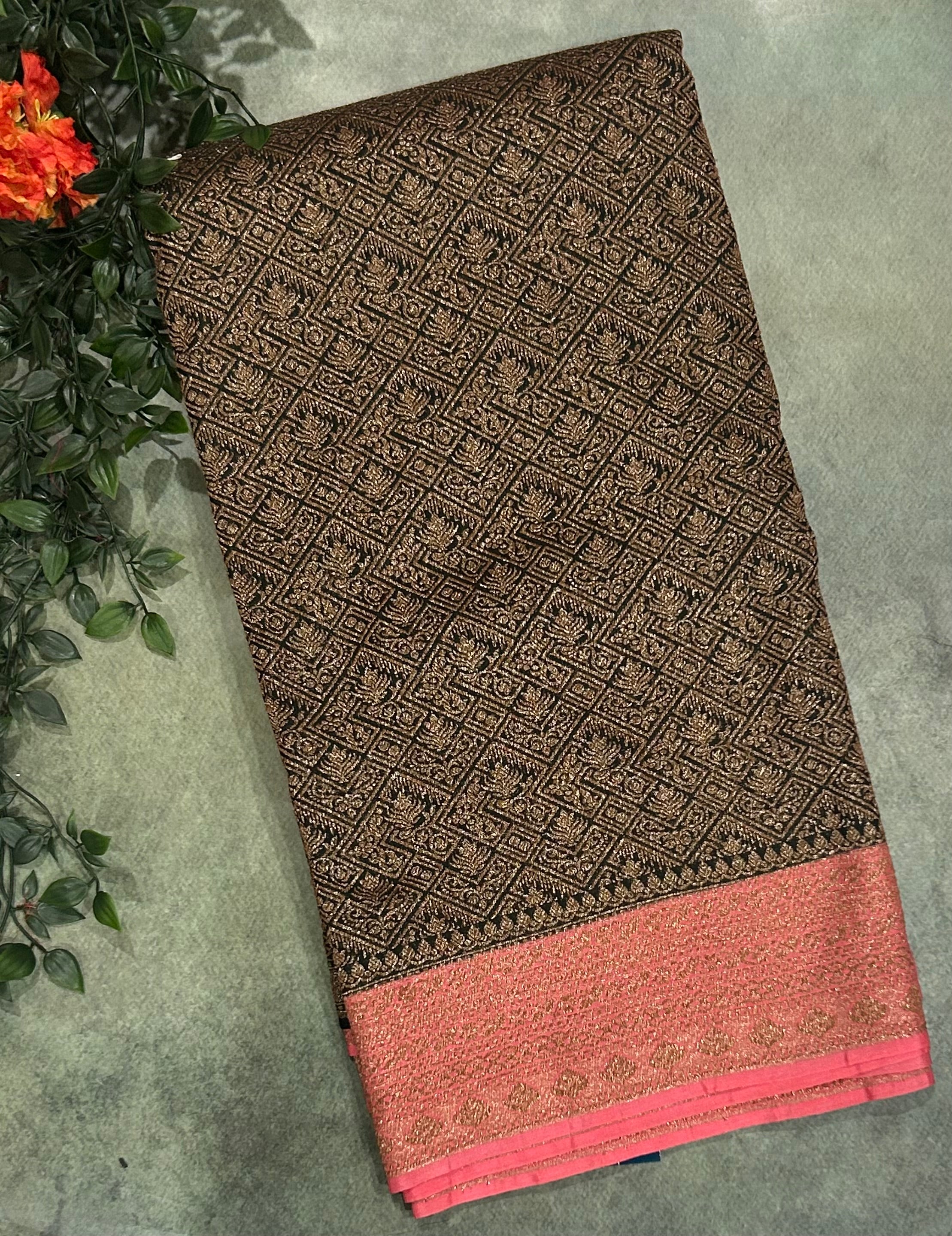 Dark green brocade semi Benarasi saree(Rashmika Mandanna Brocade saree)