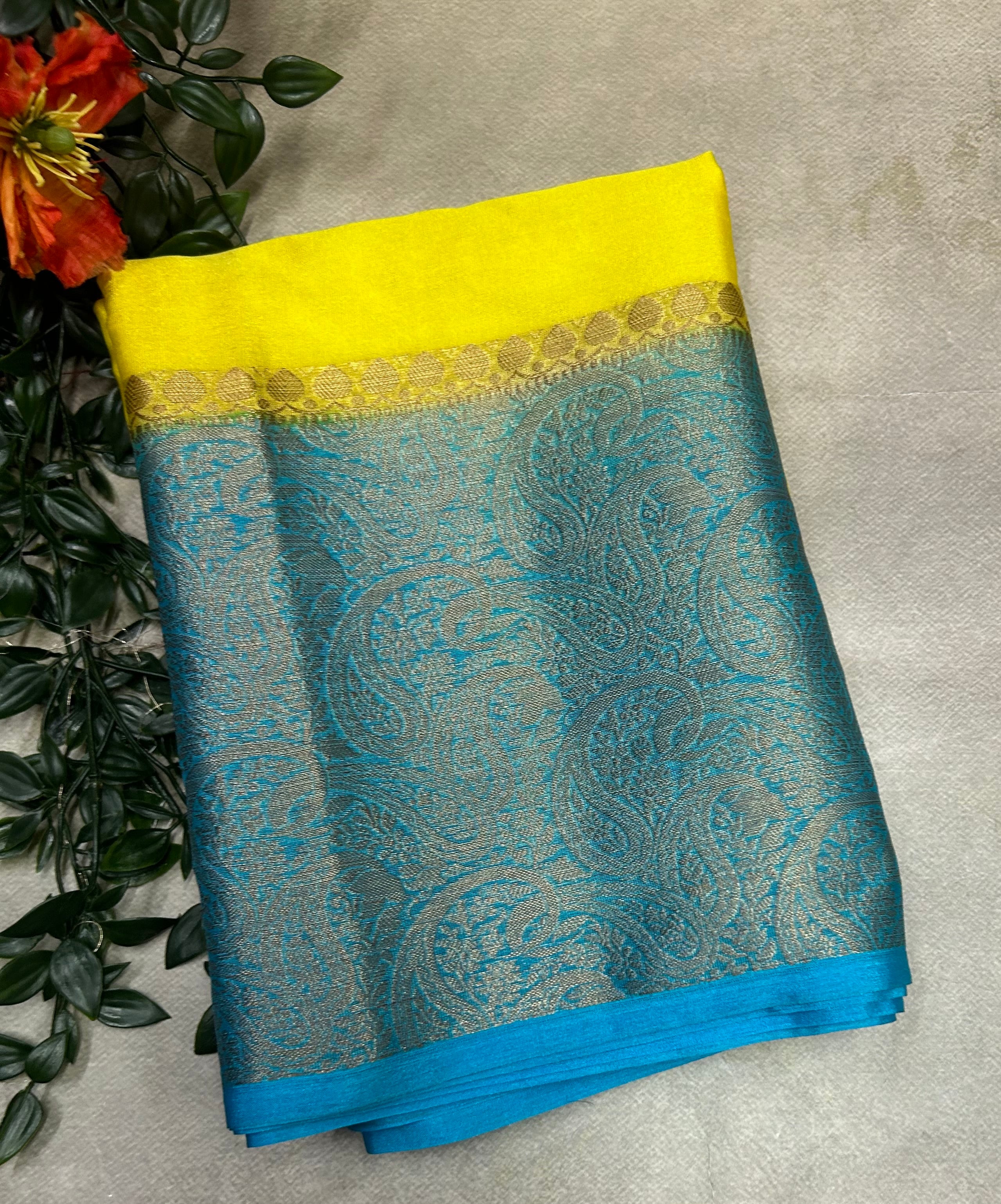 Bright yellow Kanchi border Semi Kanchi saree