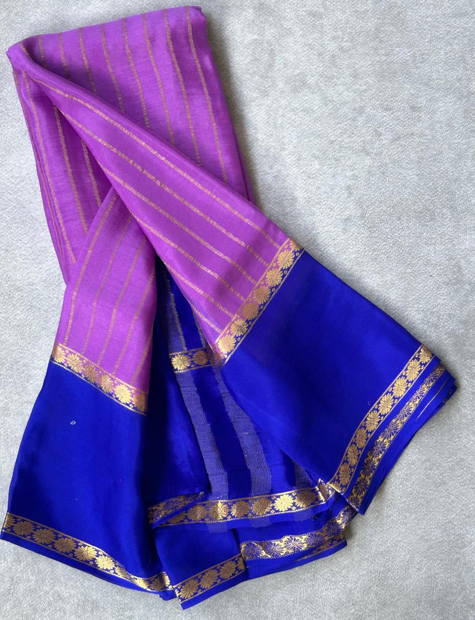 Lilac n blue pure wrinkle 103 crepe silk saree