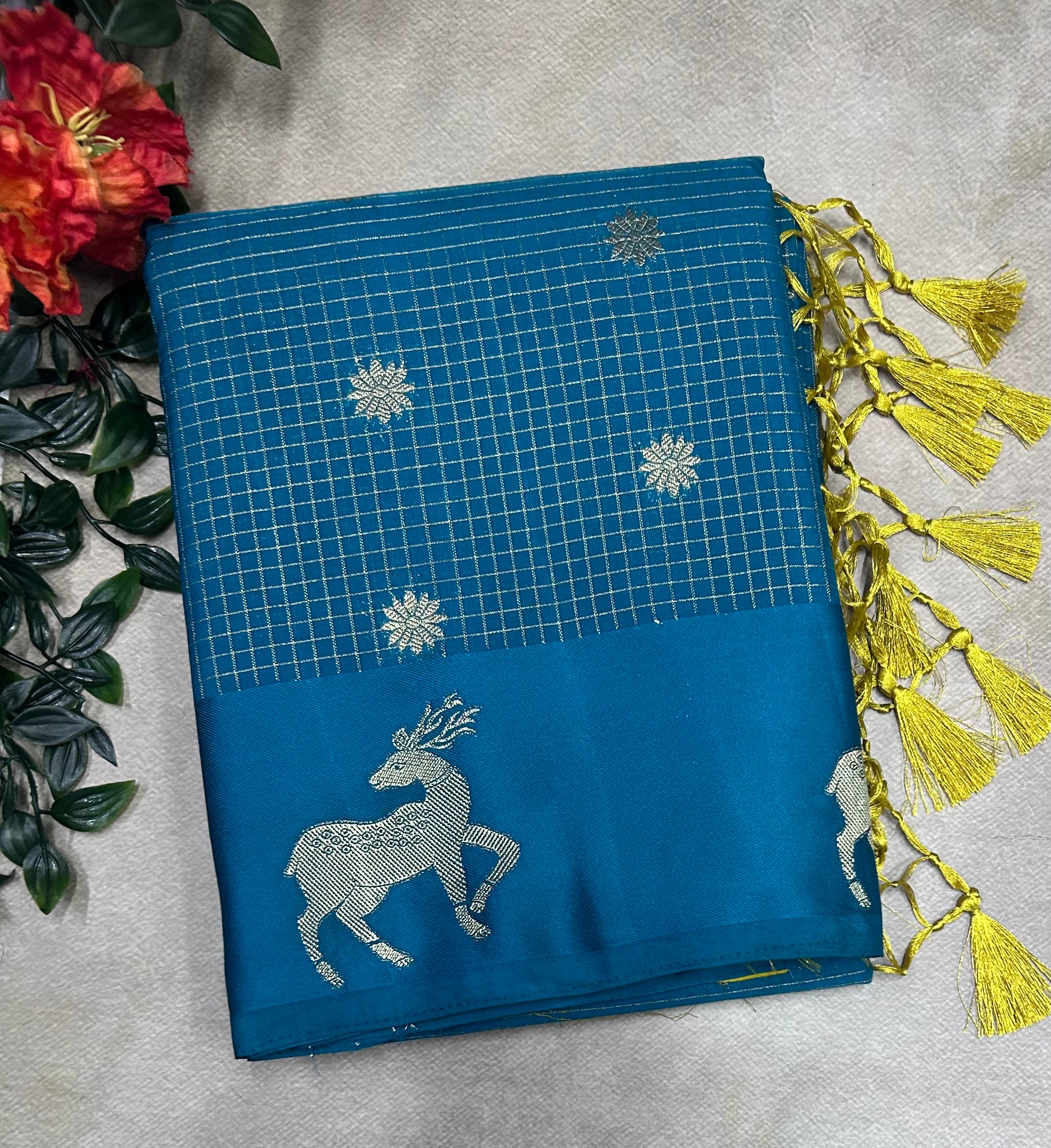 Rams green small checks semi Mysore crepe saree(SMC106)