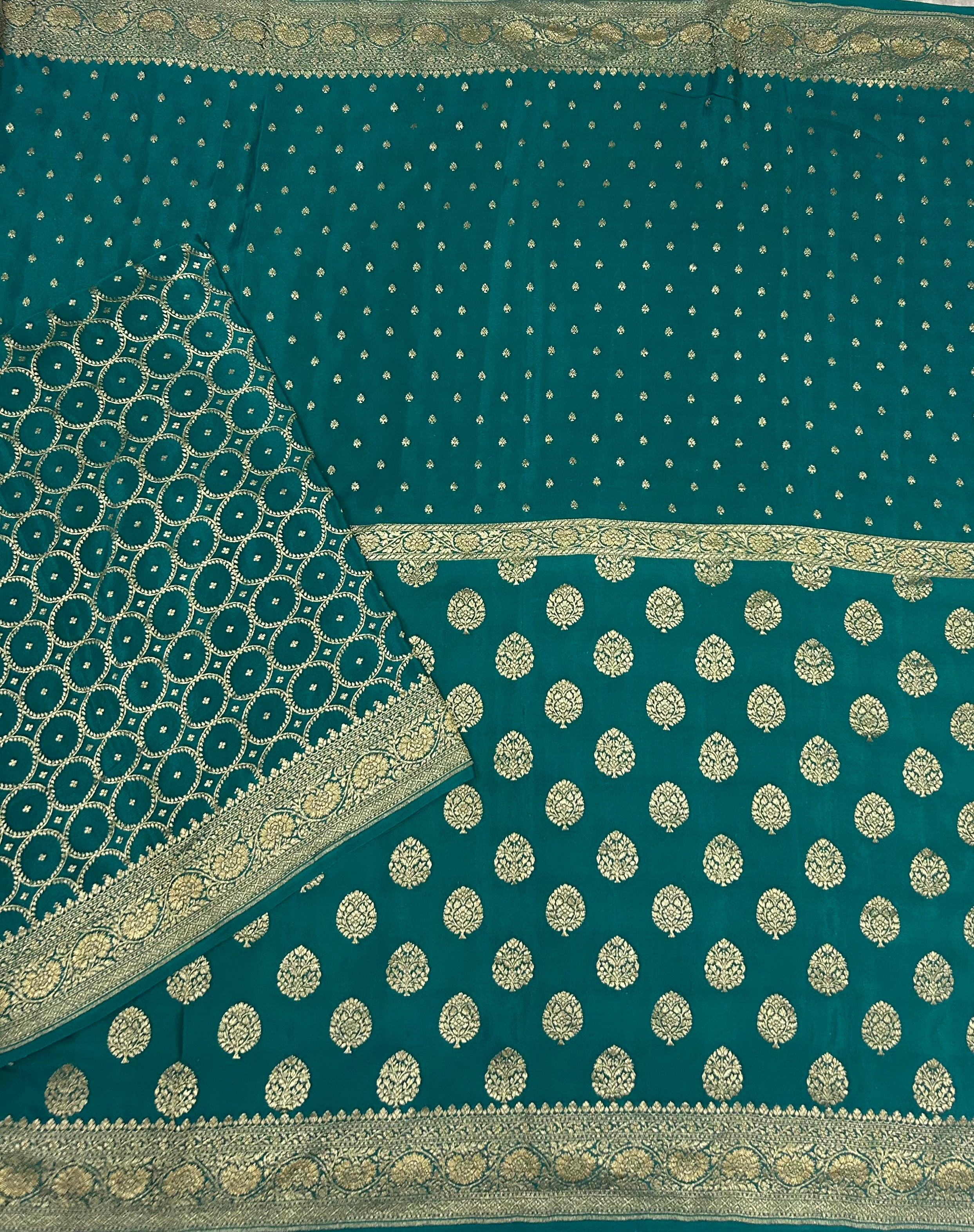 Rama green small n big butta pure benarasi crepe 103 saree