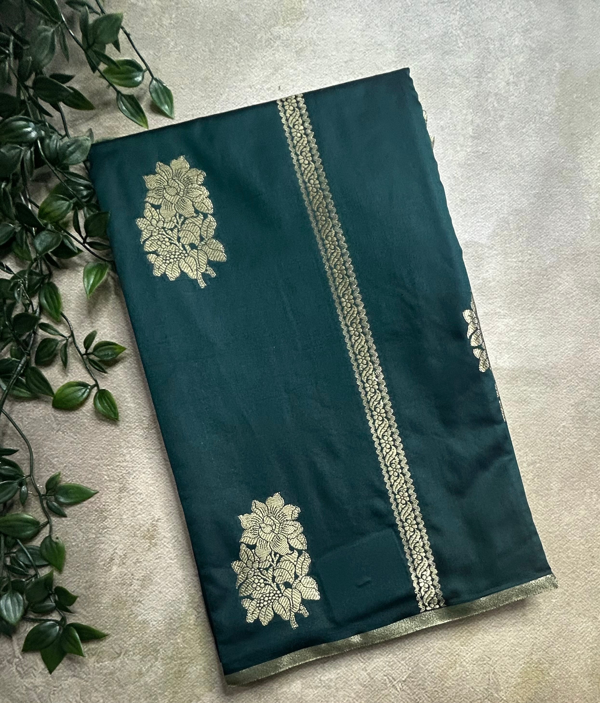 Bottle green stripes big Butta semi silk saree