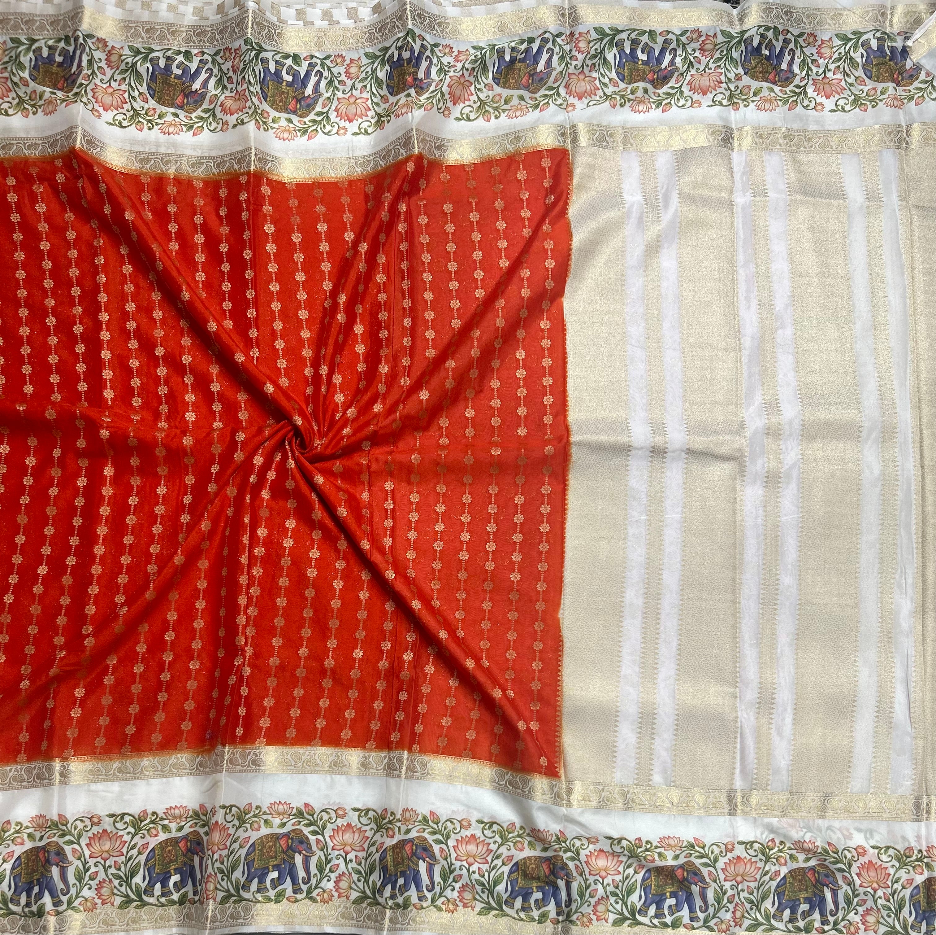 Orange bentex border printed semi Mysore 105 saree
