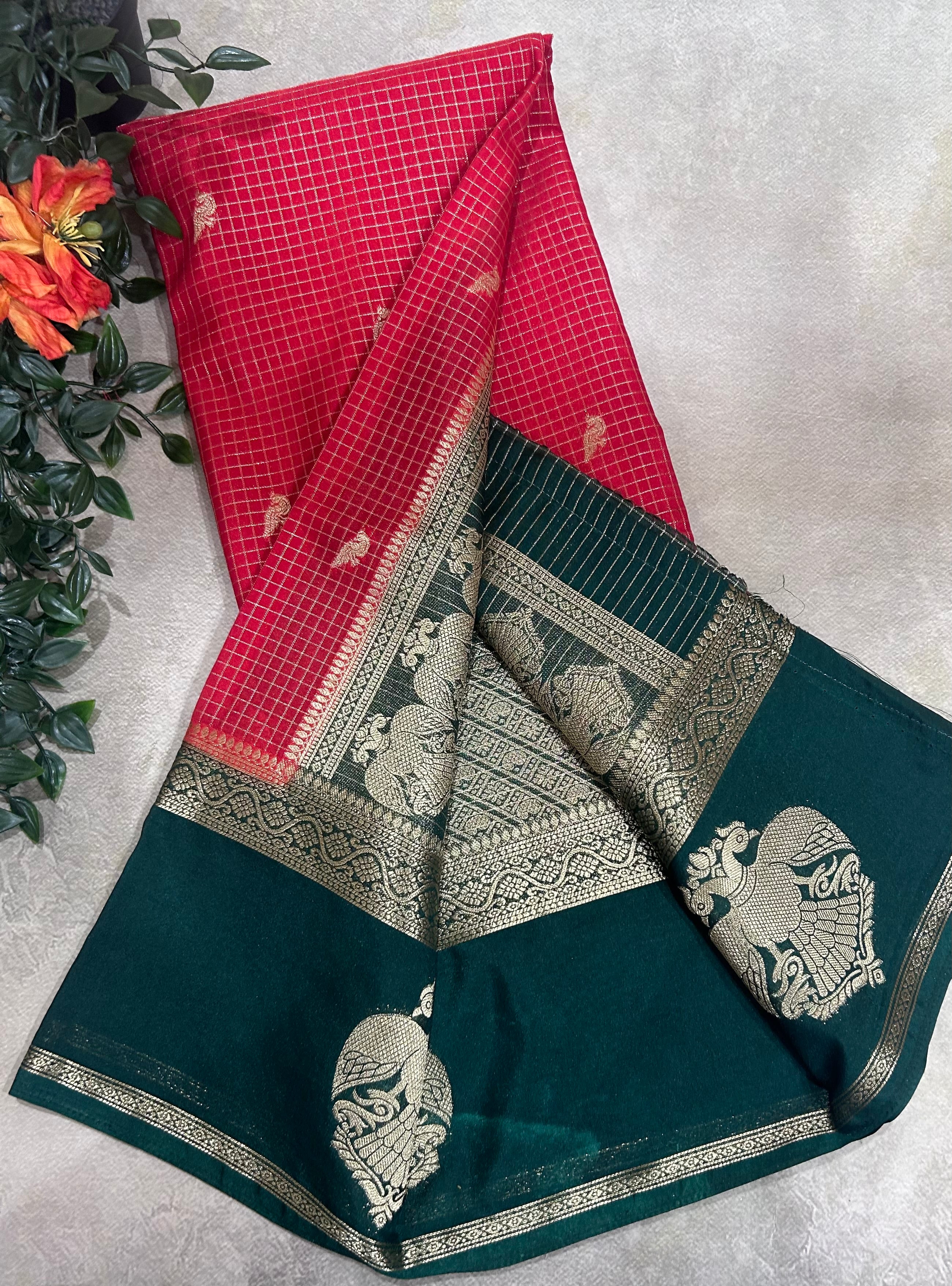 Red gandaberunda border semi Mysore crepe 106 saree