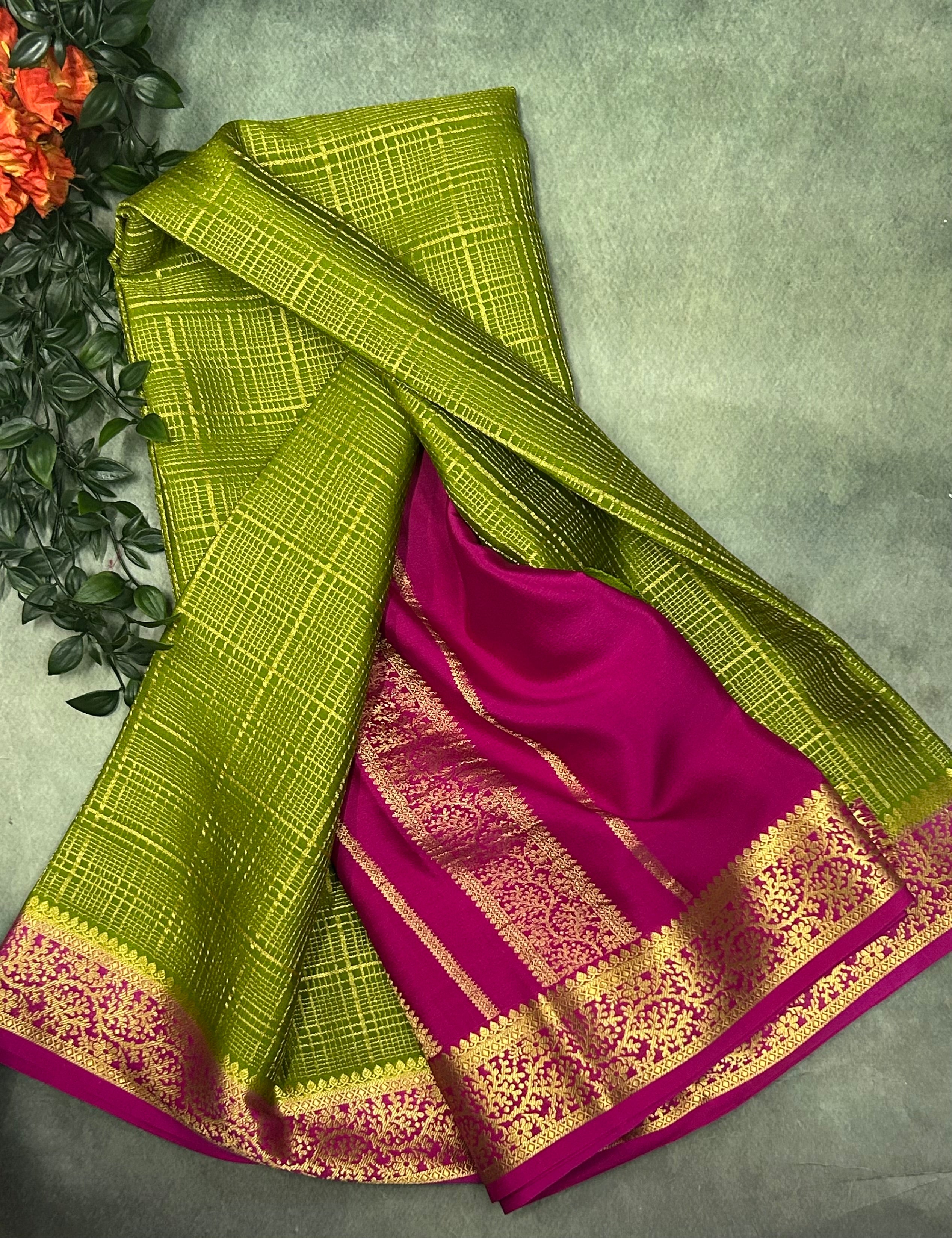 Mehendi green n pink checks brocade Pure Mysore silk crepe 103 Saree
