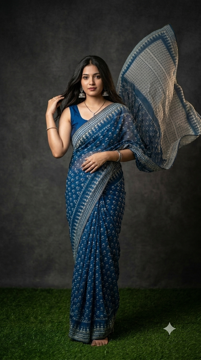 Blue Georgette Mirror Work Party Wear Saree 107