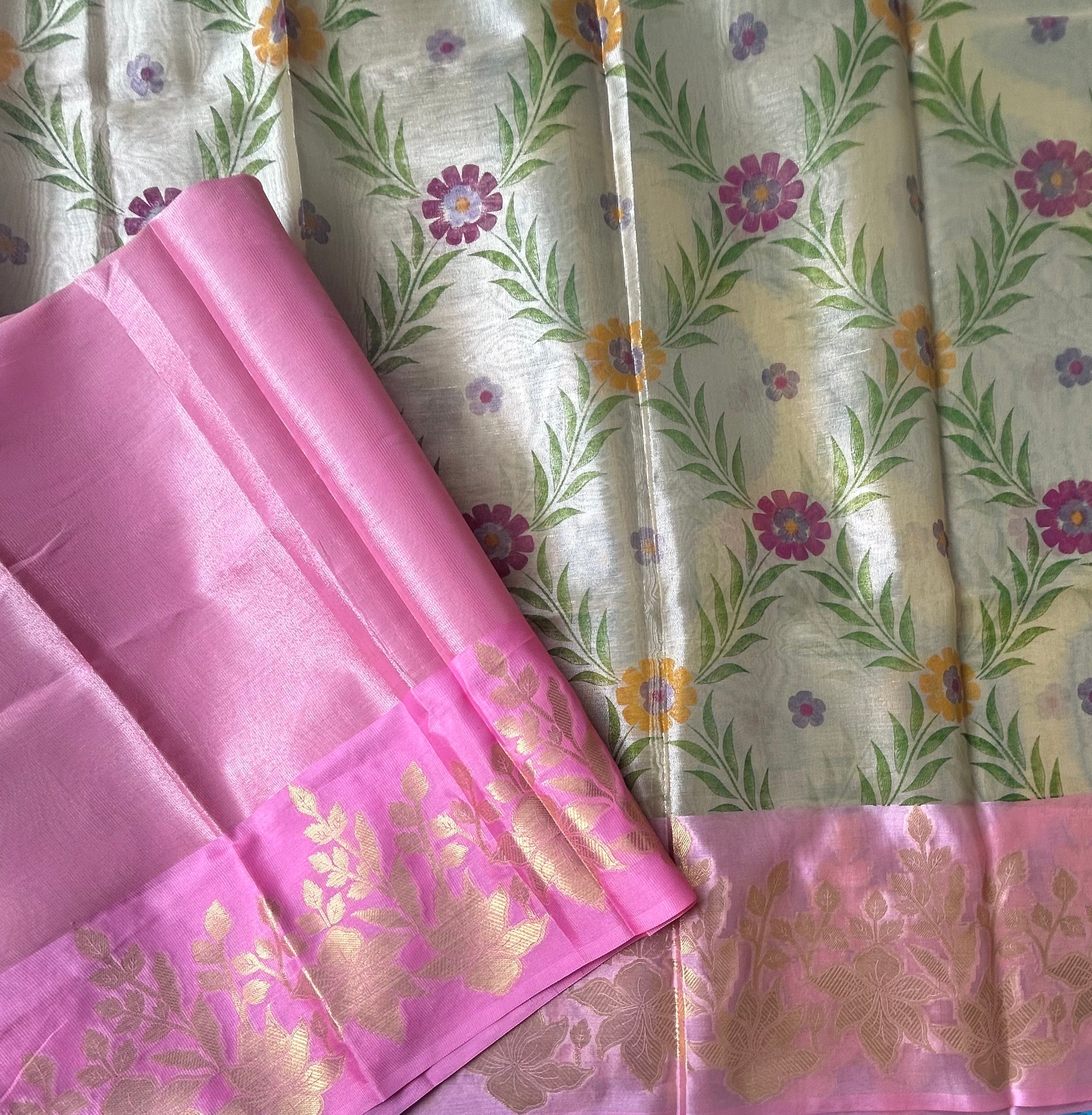 Golden cream border semi tissue saree
