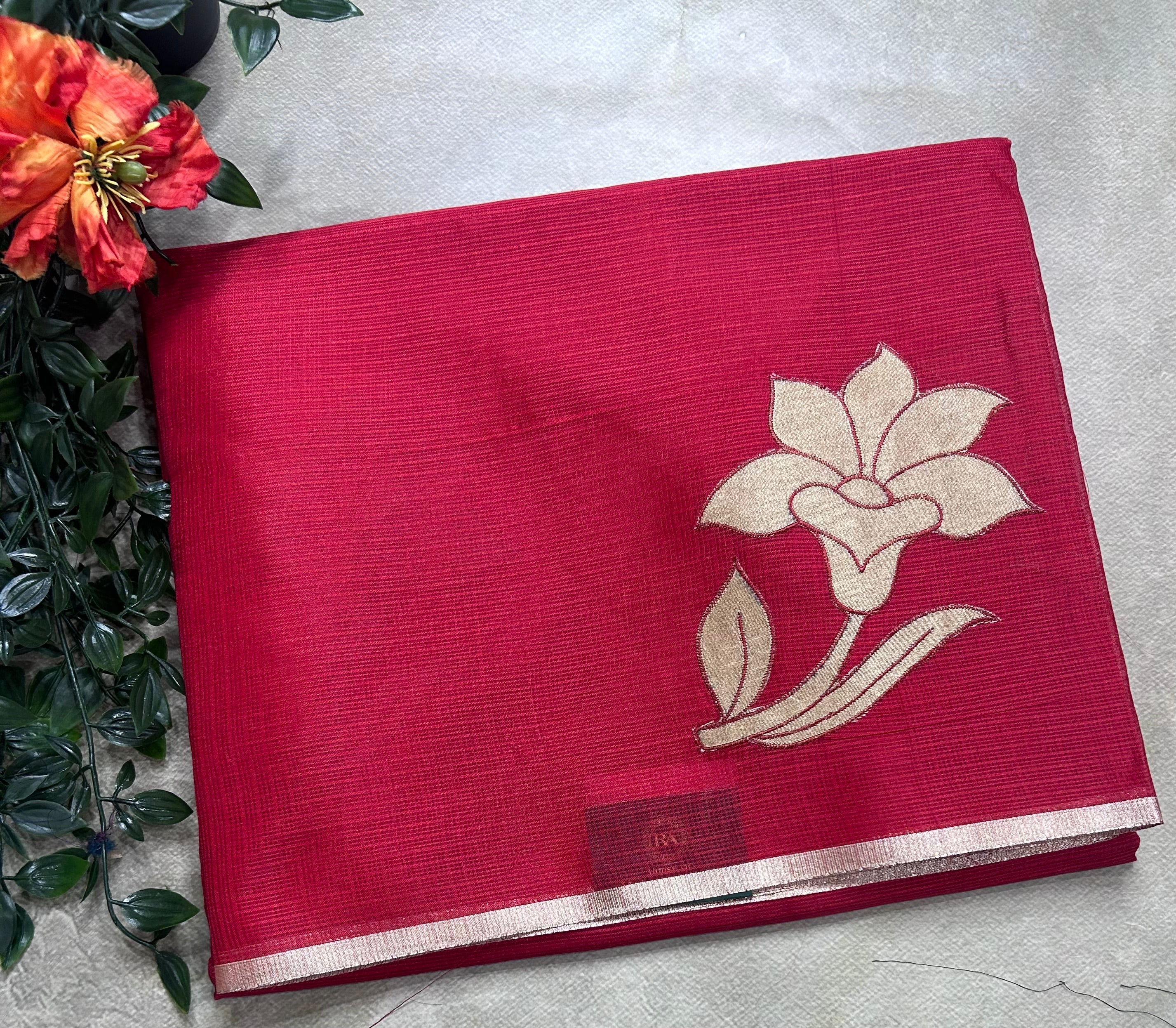 Red kota checks appliqué work 106 saree
