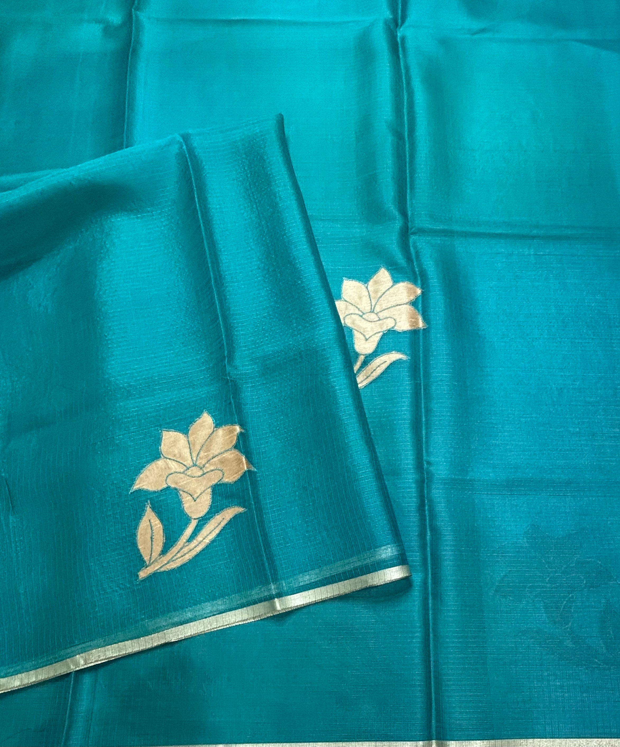 Rama green 2 kota checks appliqué work 106 saree