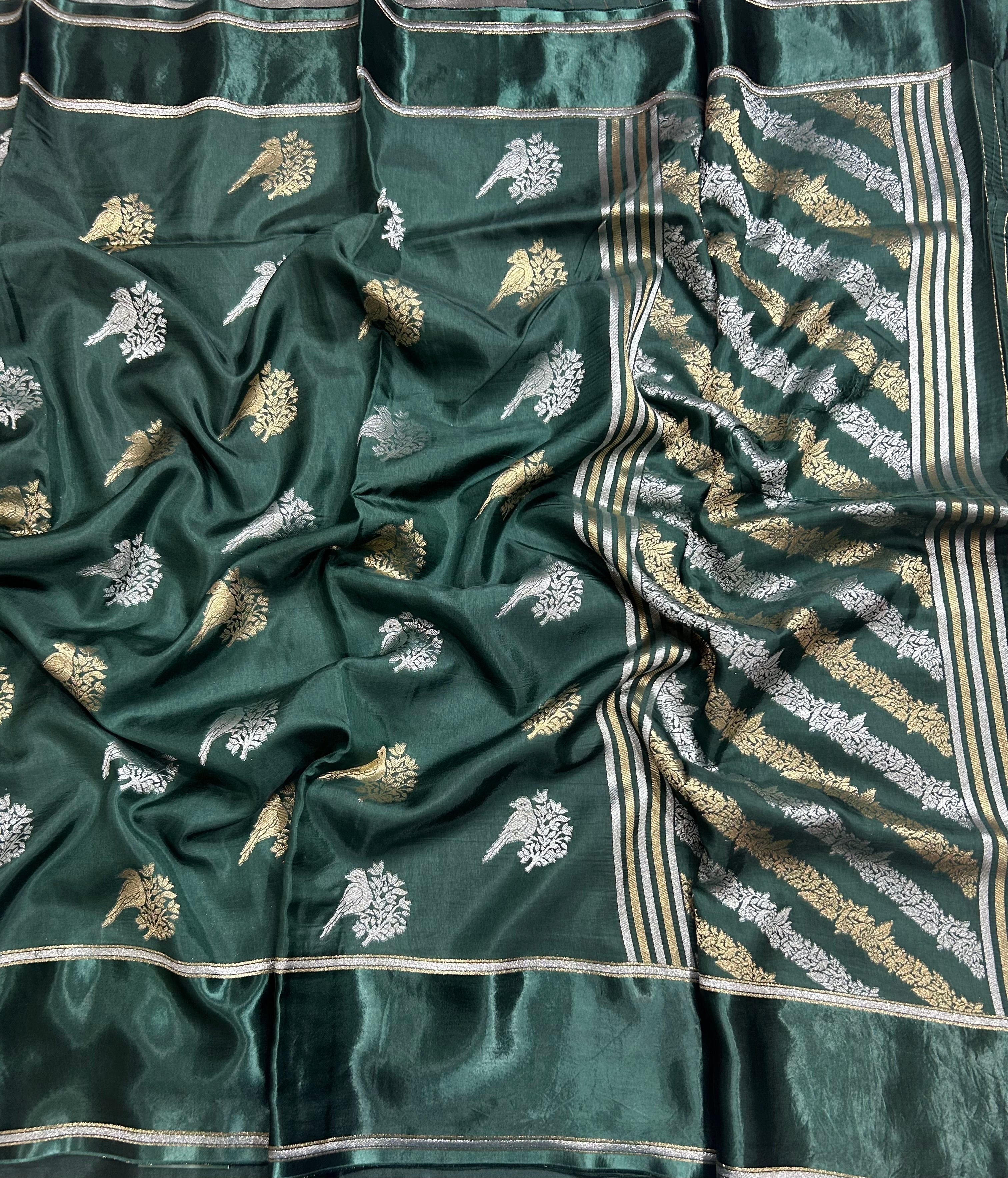 Bottle green satin border dola crepe 105 saree