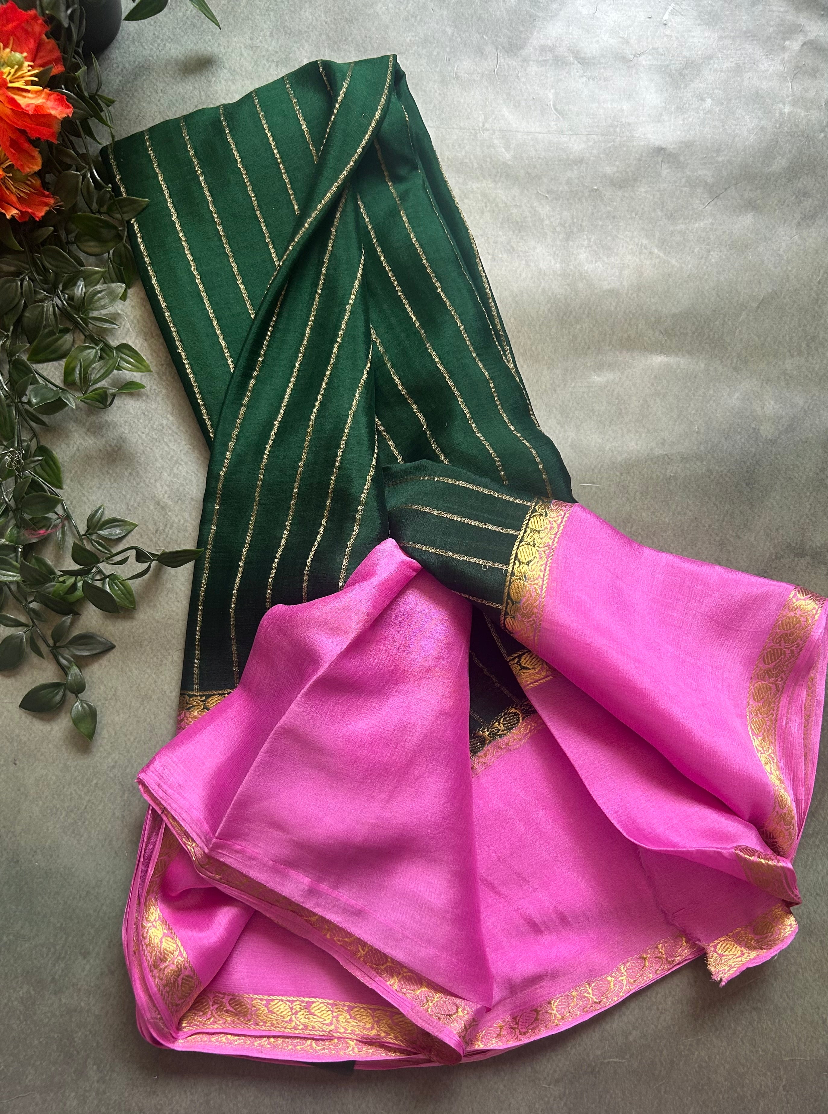 Bottle green n pink pure wrinkle 103 crepe silk saree