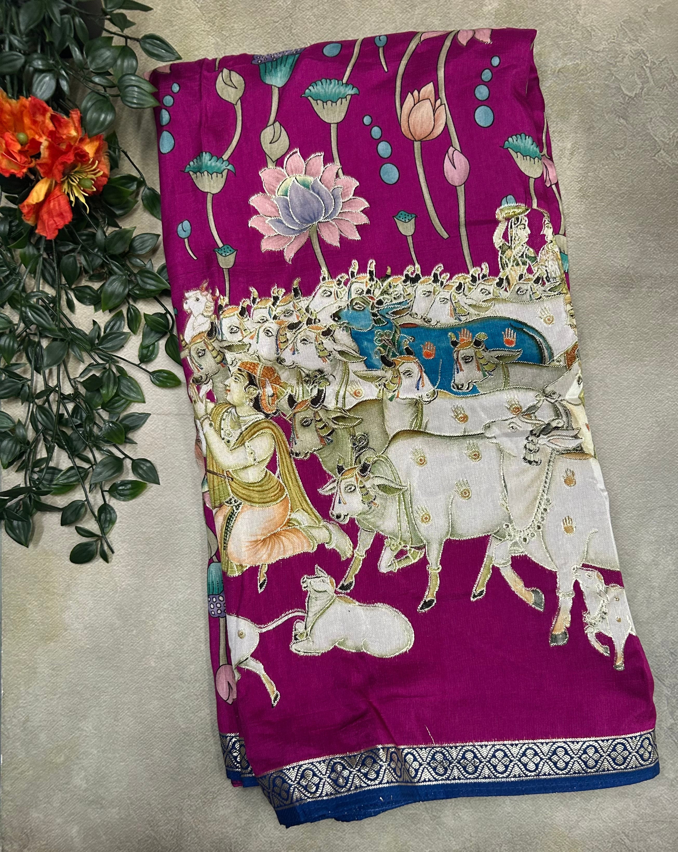 Magenta Digital print pichwai saree