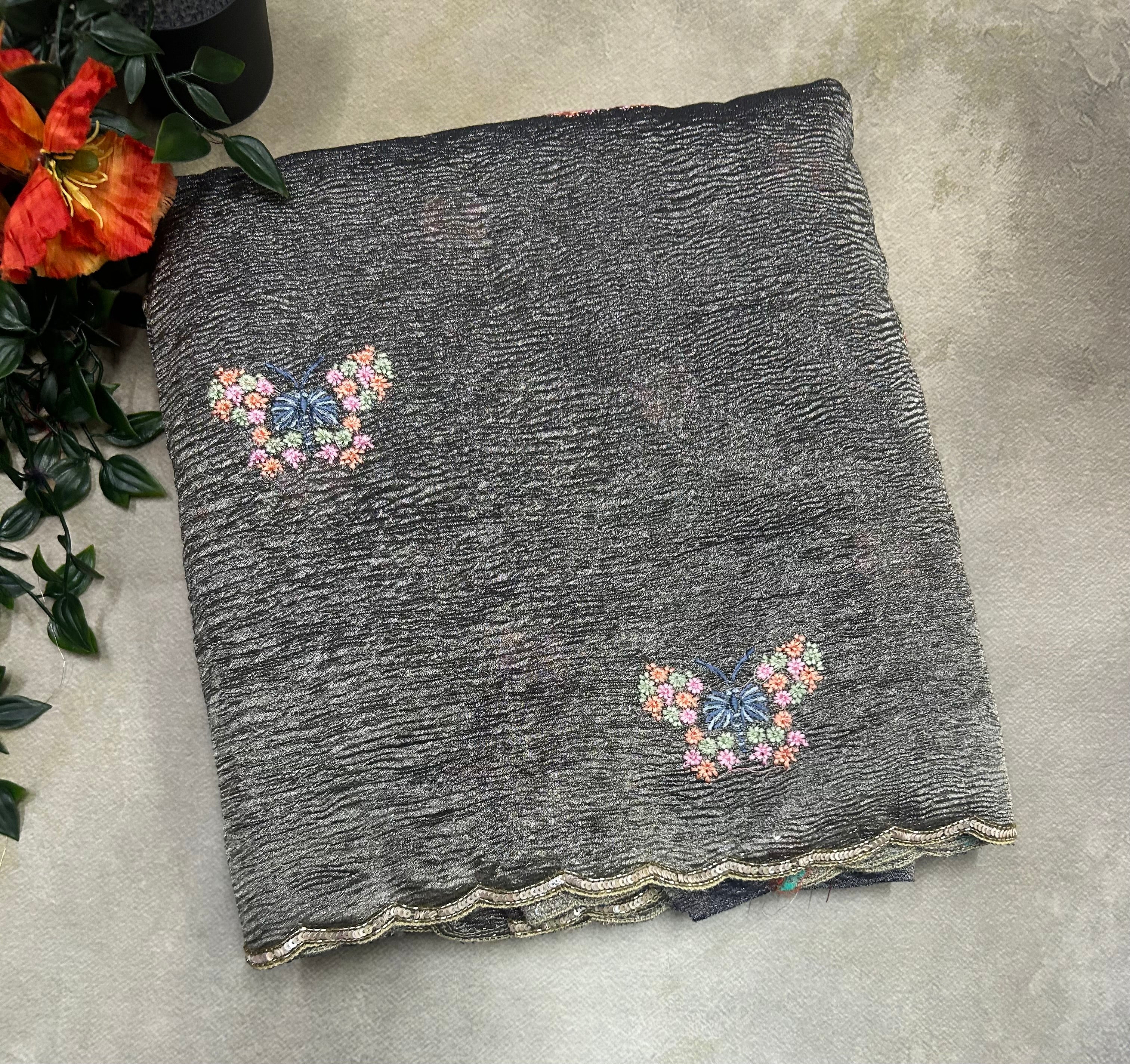 Grey embroidery butta crush Tissue saree