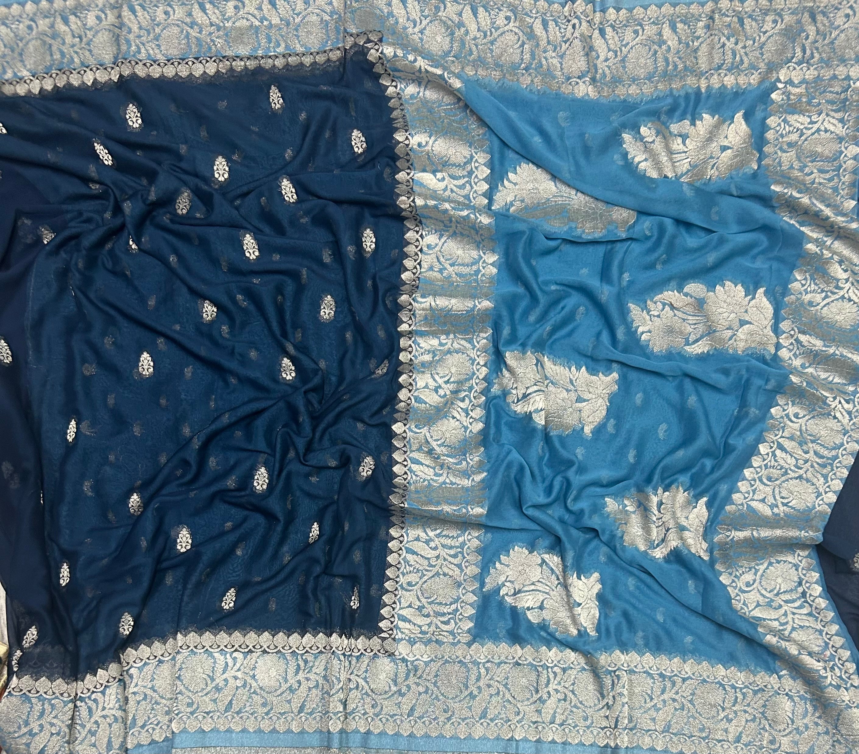 Peacock blue small Butta semi chiffon Benarasi 105 saree