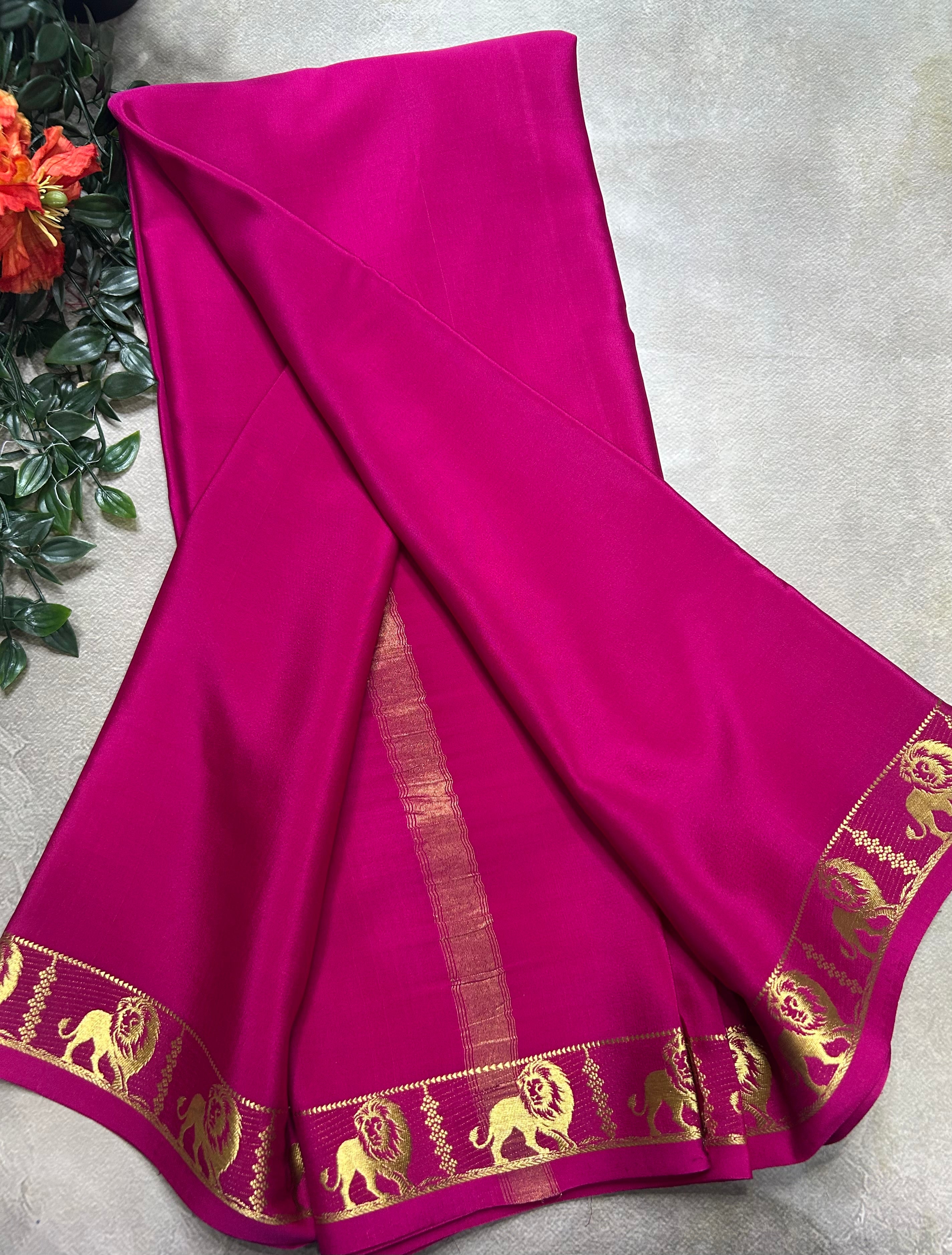 Pink lion border pure Mysore silk 105 saree