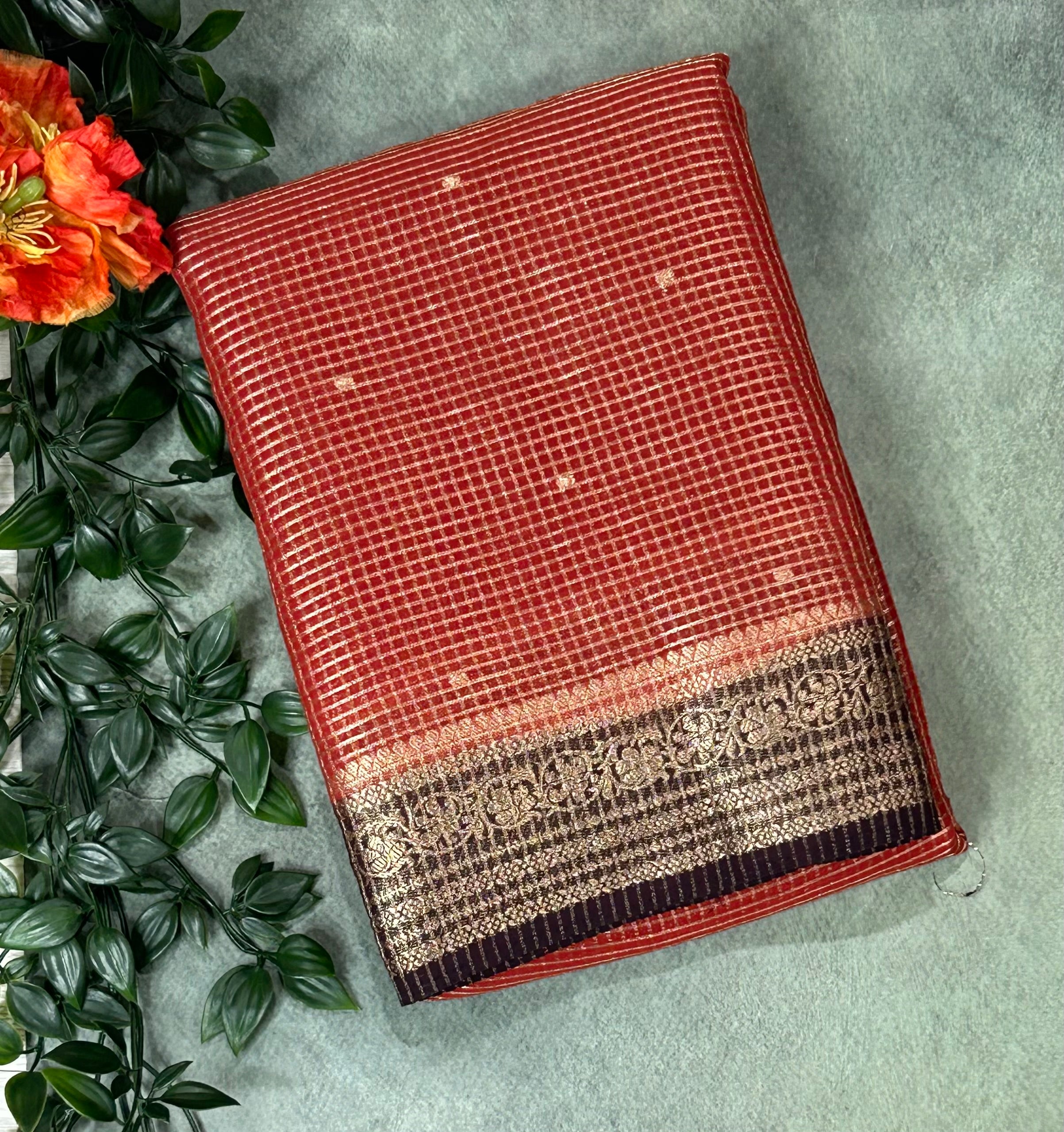 Rust orange small checks semi mysore crepe-12 saree