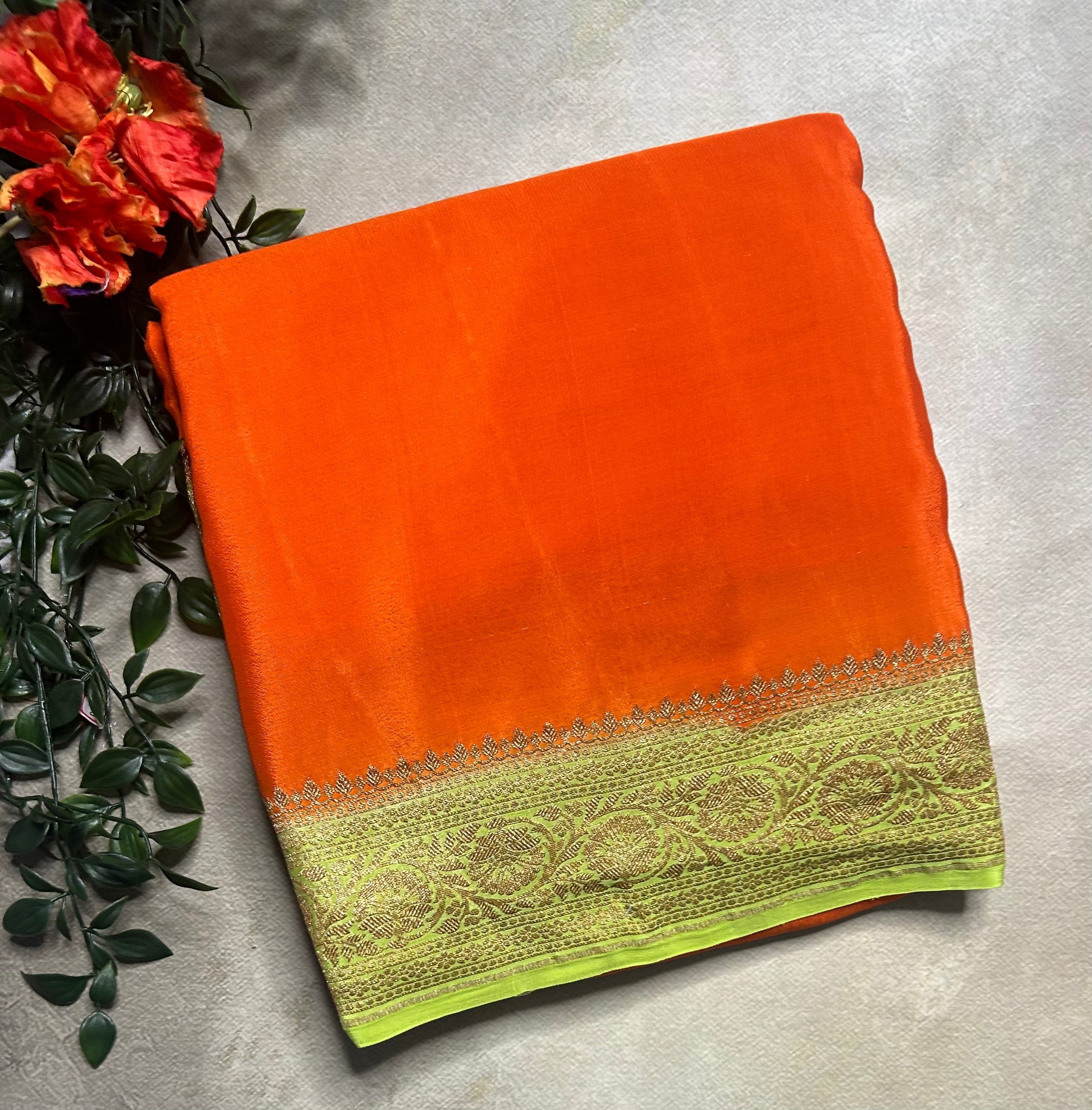 Orange pure benarasi 103 crepe silk saree